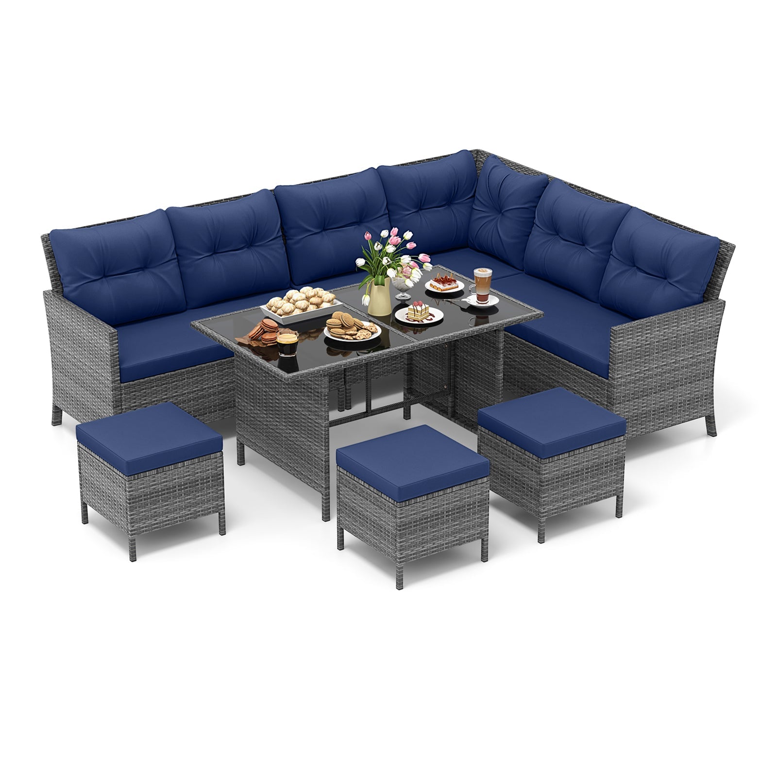 7 Pieces Patio Dining Furniture Set with Soft Cushions and Ottomans