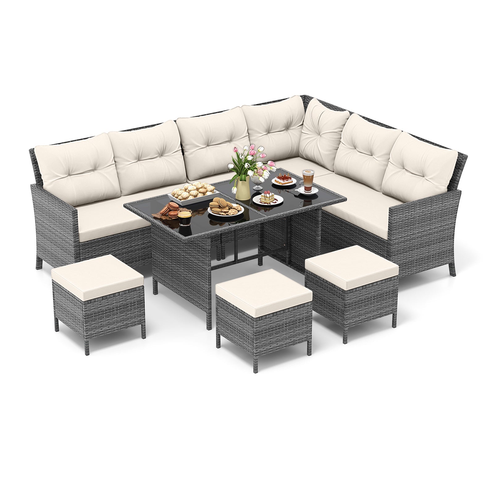 7 Pieces Patio Dining Furniture Set with Soft Cushions and Ottomans