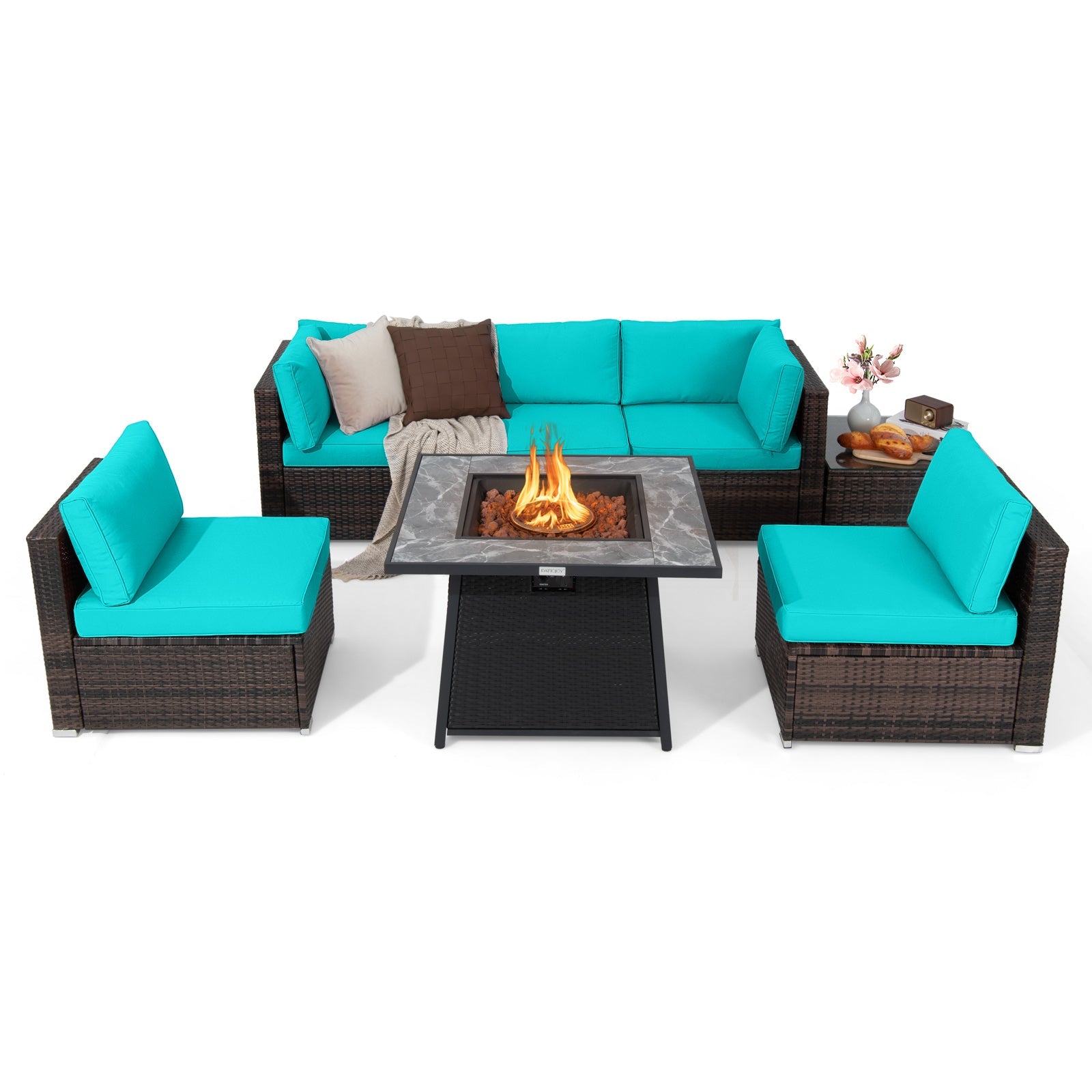 7 Pieces Patio Furniture Set with 35 Inches 50000 BTU Propane Gas Fire Pit Table and Waterproof Cover for Firpit