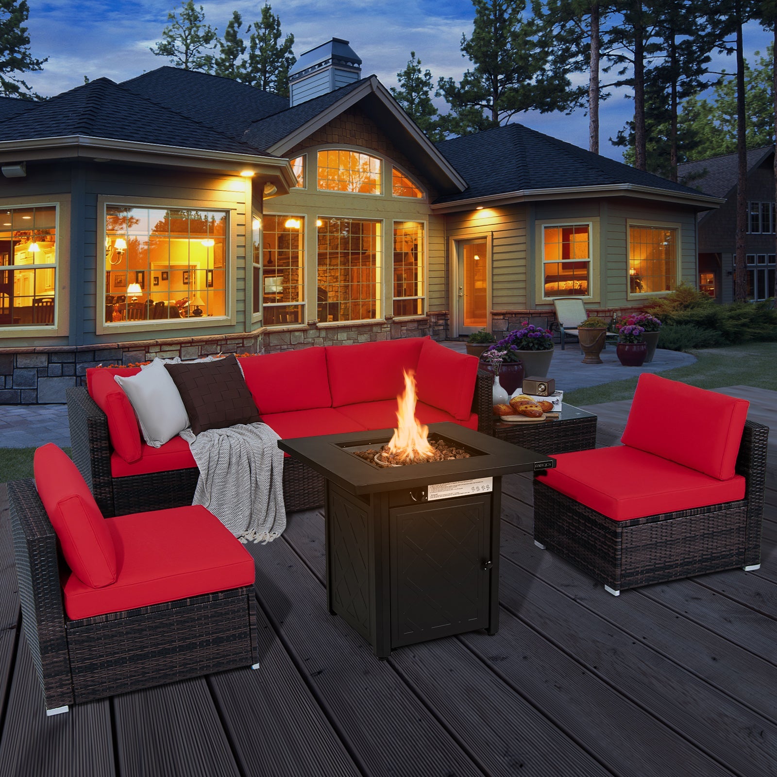 7 Pieces Patio Furniture Set with 28 Inches 50000 BTU Propane Gas Fire Pit Table