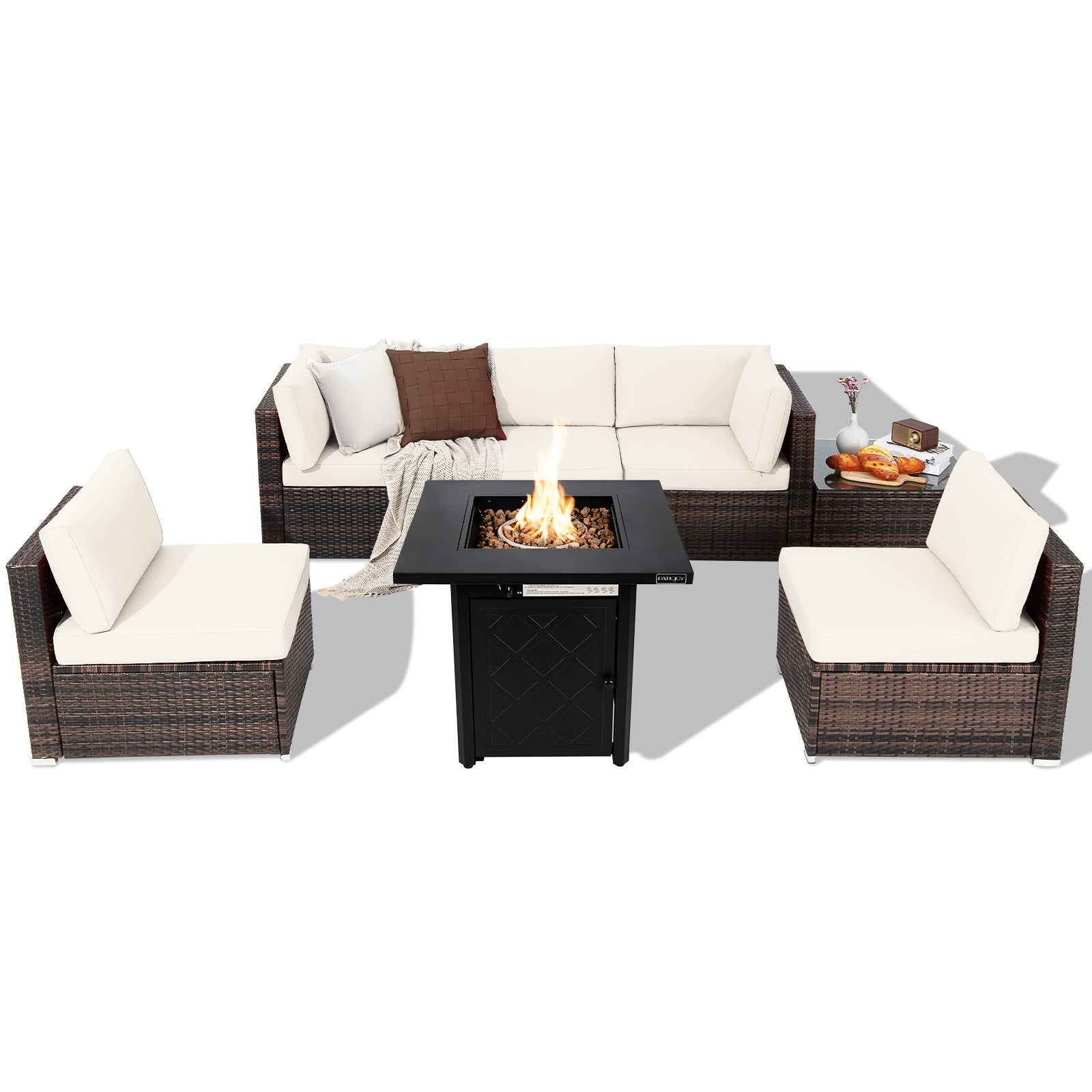 7 Pieces Patio Furniture Set with 28 Inches 50000 BTU Propane Gas Fire Pit Table
