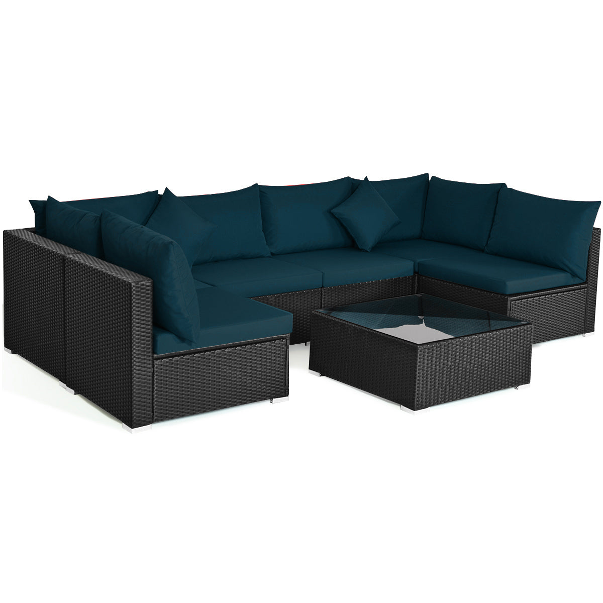 7 Pieces Sectional Wicker Furniture Sofa Set with Tempered Glass Top-Red