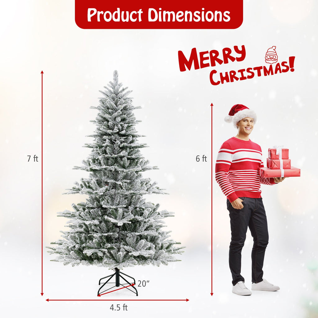 7 Feet Snow Flocked Artificial Christmas Tree with Cool White LED Lights
