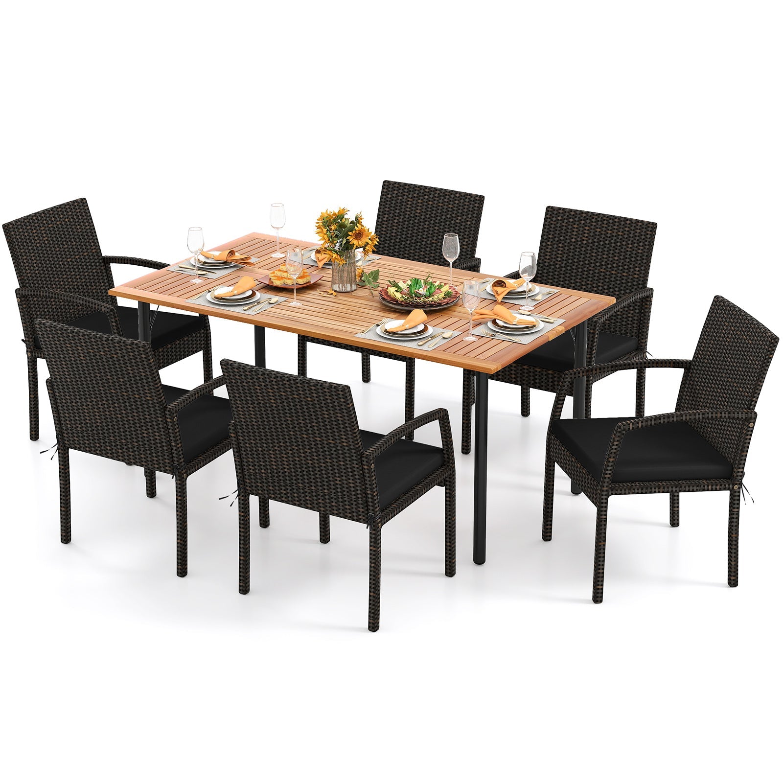 7 Pieces Outdoor Dining Set Acacia Wood Table with Umbrella Hole and Cushions