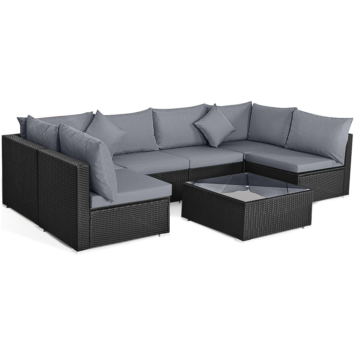7 Pieces Sectional Wicker Furniture Sofa Set with Tempered Glass Top-Red
