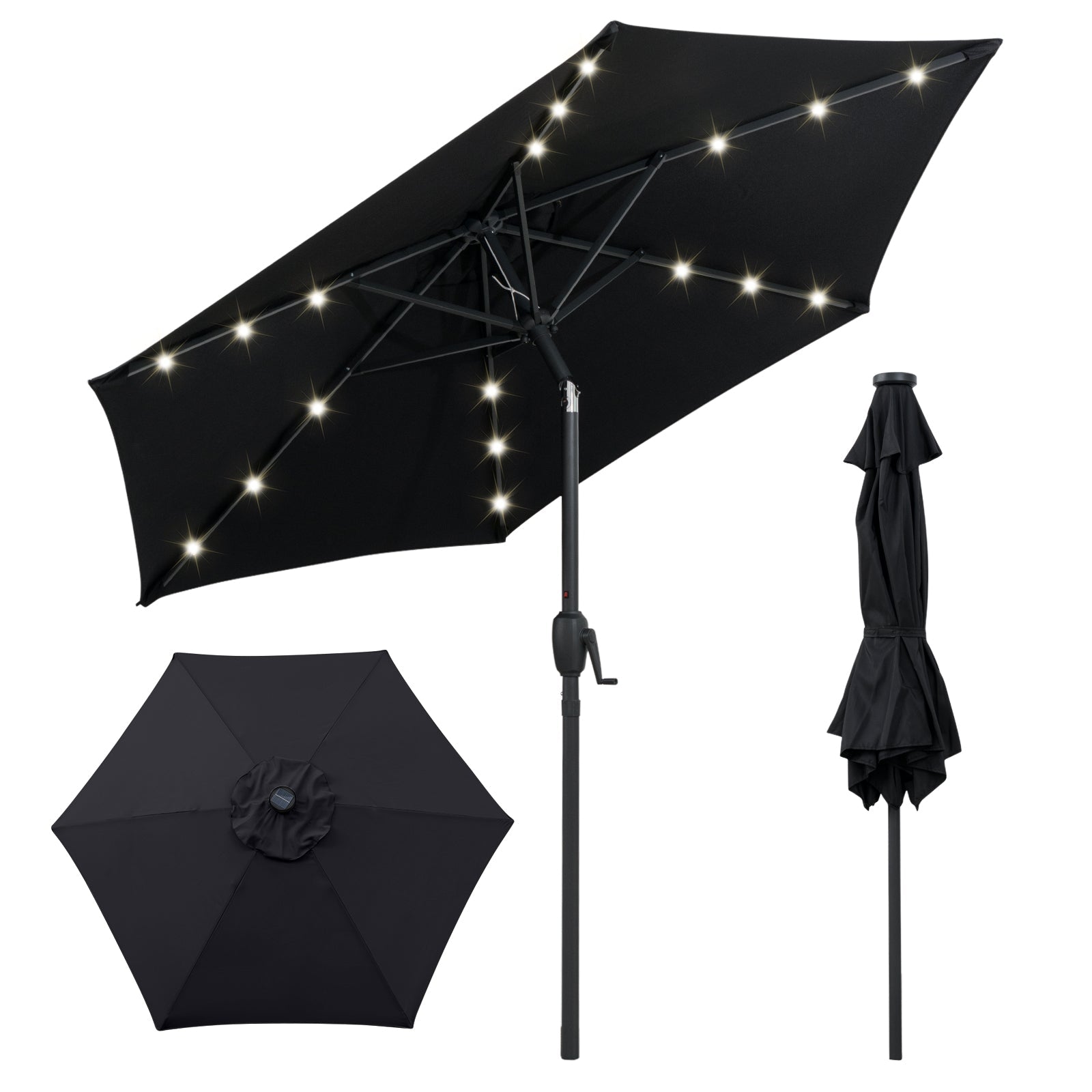 7.5 Feet Solar Powered Patio Umbrella with LED Lights and Crank Handle