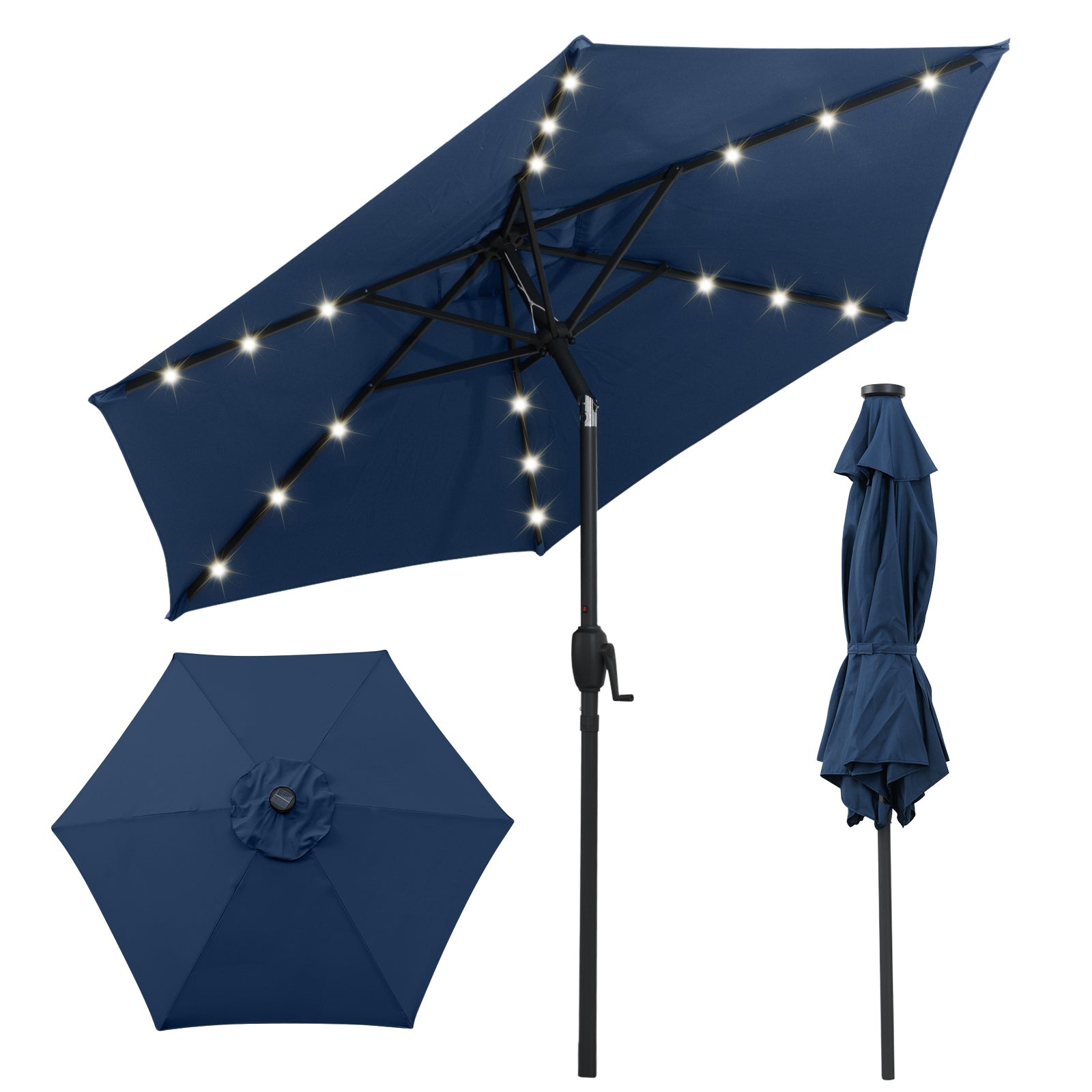 7.5 Feet Solar Powered Patio Umbrella with LED Lights and Crank Handle