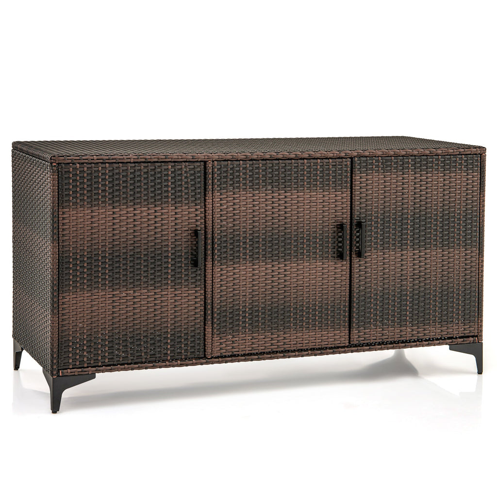 84 Gallon Patio Wicker Deck Box 3-Door PE Rattan Storage Container with Removable Shelves
