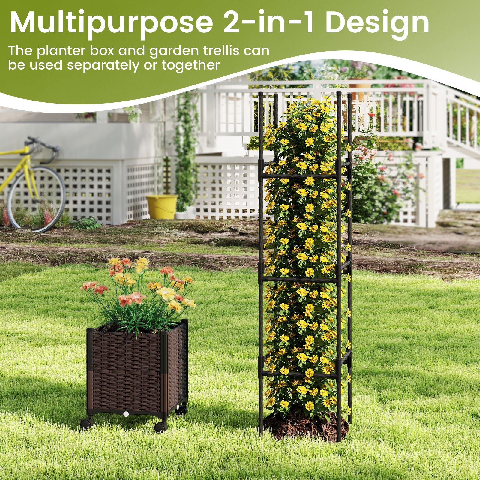 87 Inch Tall Raised Garden Bed with Plant Box Trellis and Lockable Wheels Adjustable Height