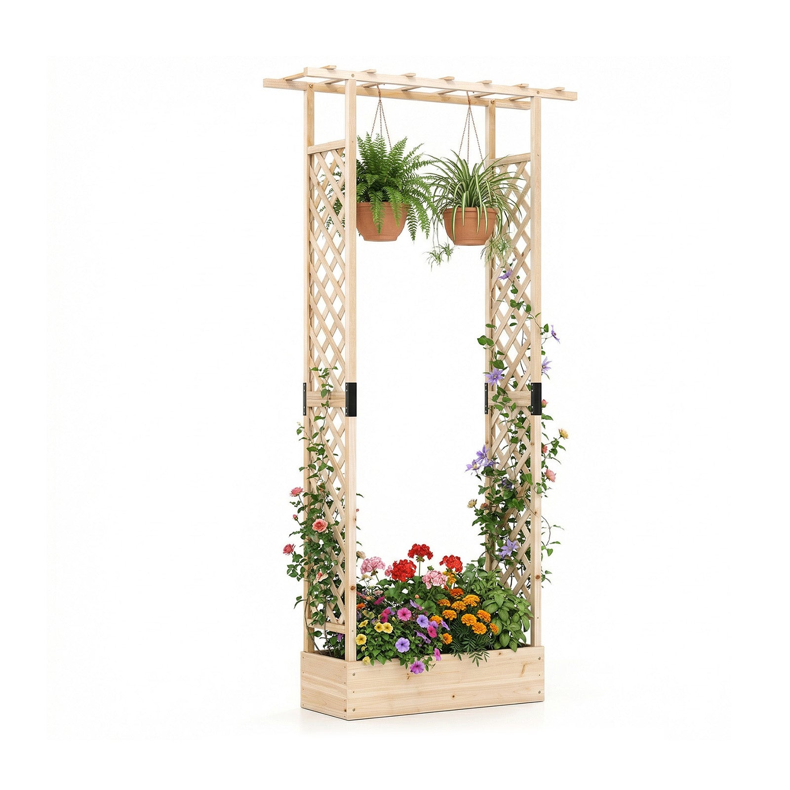 89 Inch Tall Wooden Raised Garden Bed with Side Trellis and Hanging Roof Drainage Holes