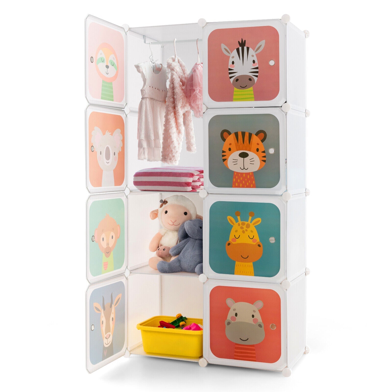 8-Cube Kids Wardrobe Closet with Clothes Hanging Section and Doors-Pink