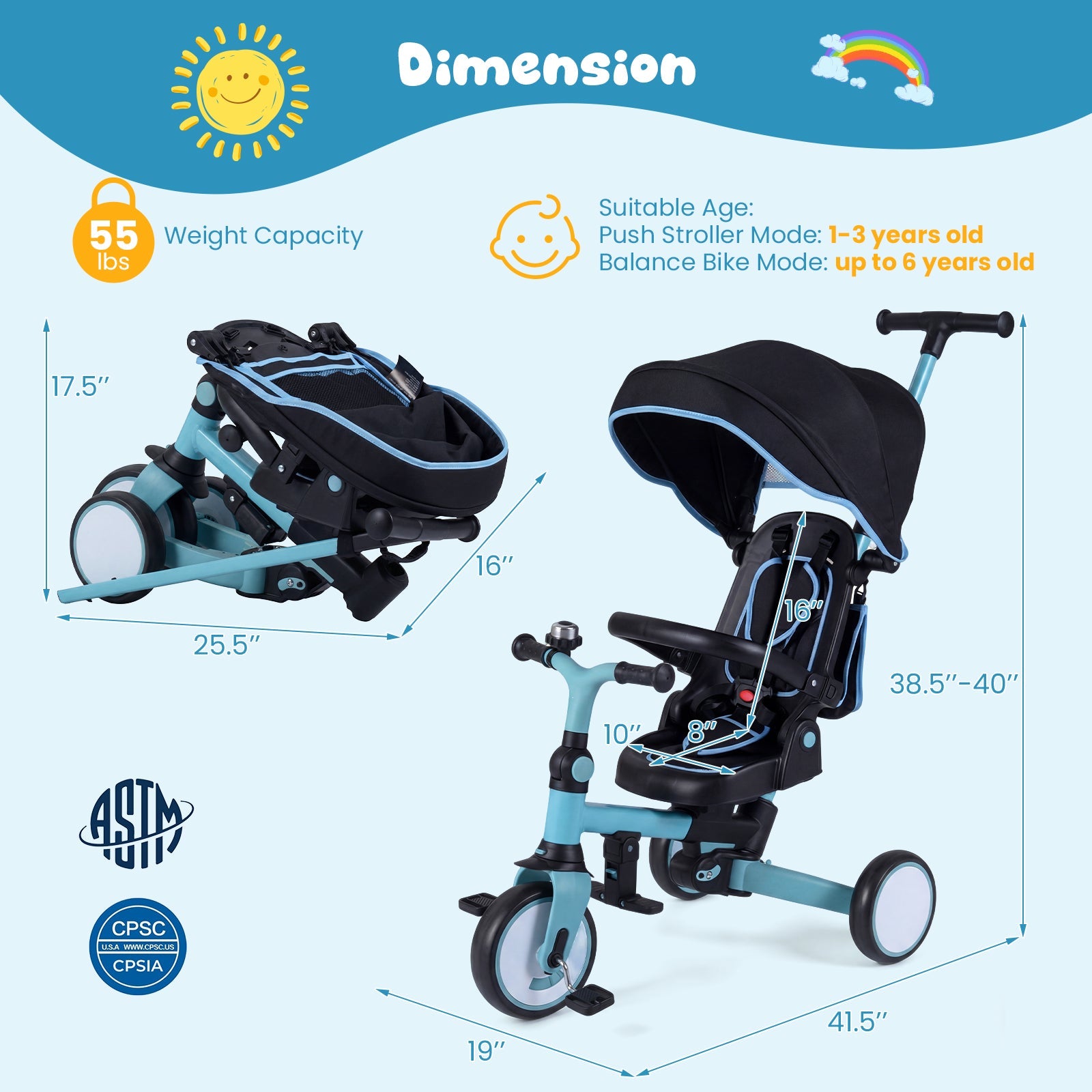 8-in-1 Folding Kids Tricycle with Removable Canopy and Push Handle