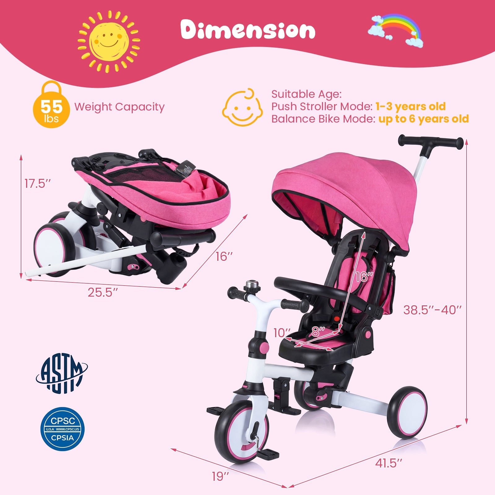 8-in-1 Folding Kids Tricycle with Removable Canopy and Push Handle
