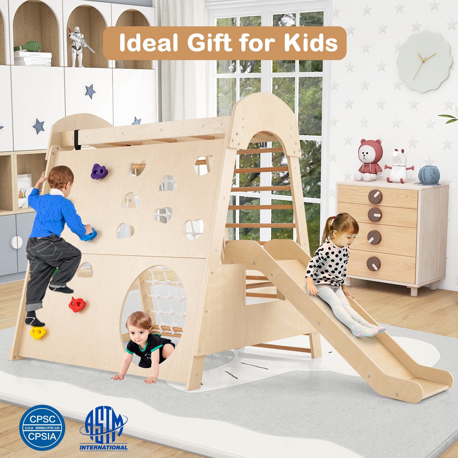 8-in-1 Indoor Jungle Gym Wooden Playground with Swing and Climbing Wall-Natural