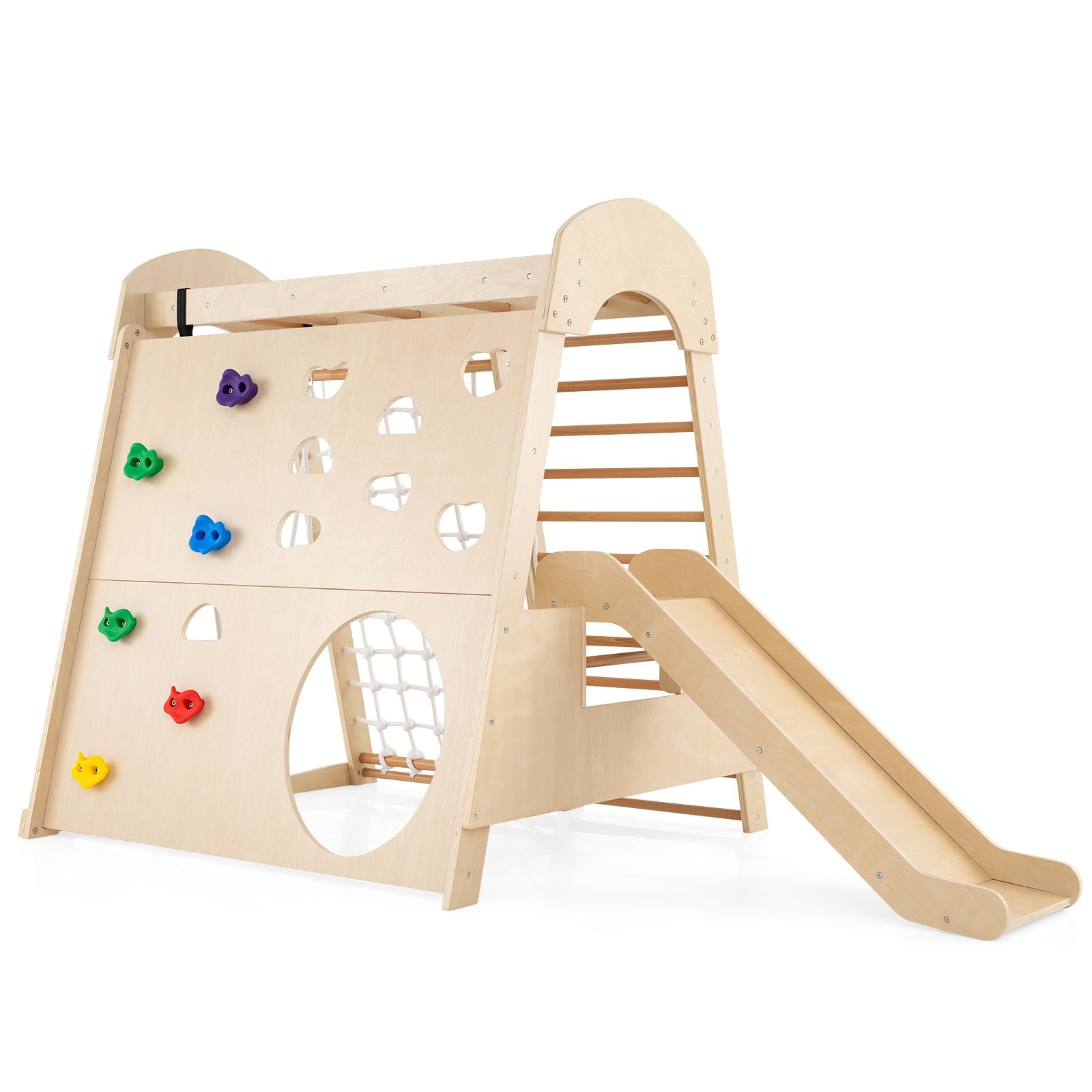 8-in-1 Indoor Jungle Gym Wooden Playground with Swing and Climbing Wall-Natural