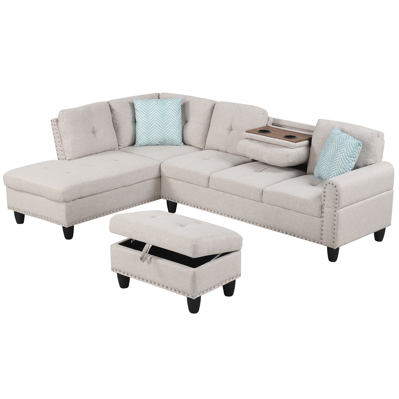 98 Inches Sectional Sofa Couch with Movable Storage Ottoman and Linen Fabric Backs