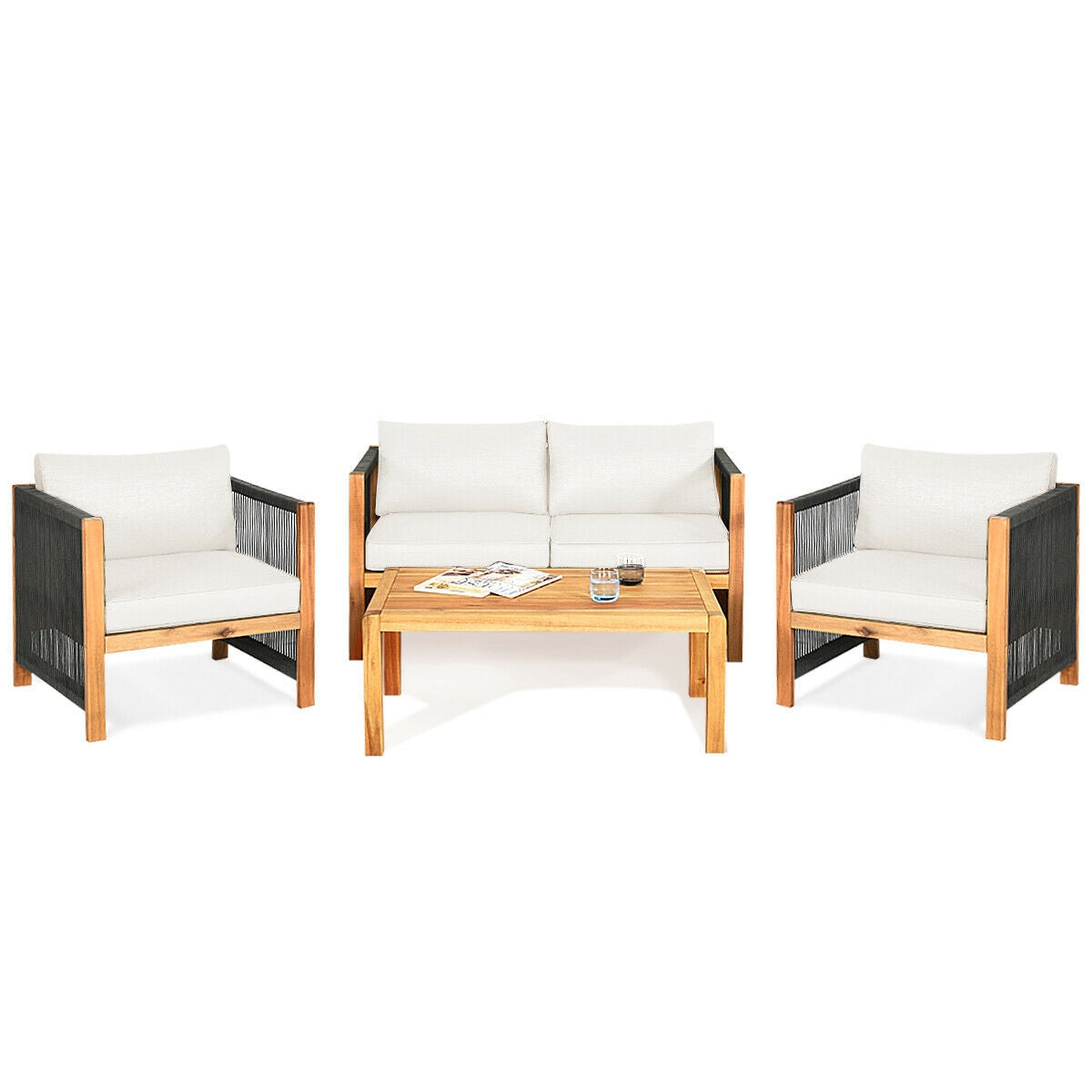 4 Pieces Acacia Wood Outdoor Patio Furniture Set with Cushions