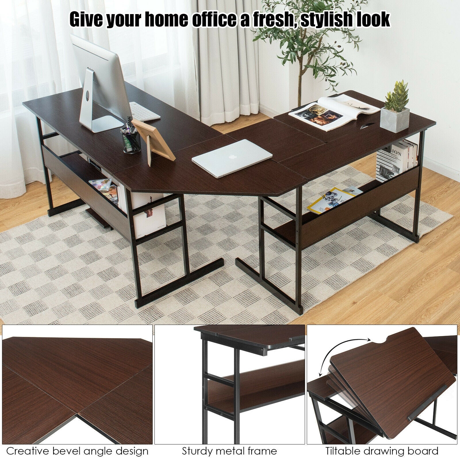 L-Shaped Computer Desk with Tiltable Tabletop