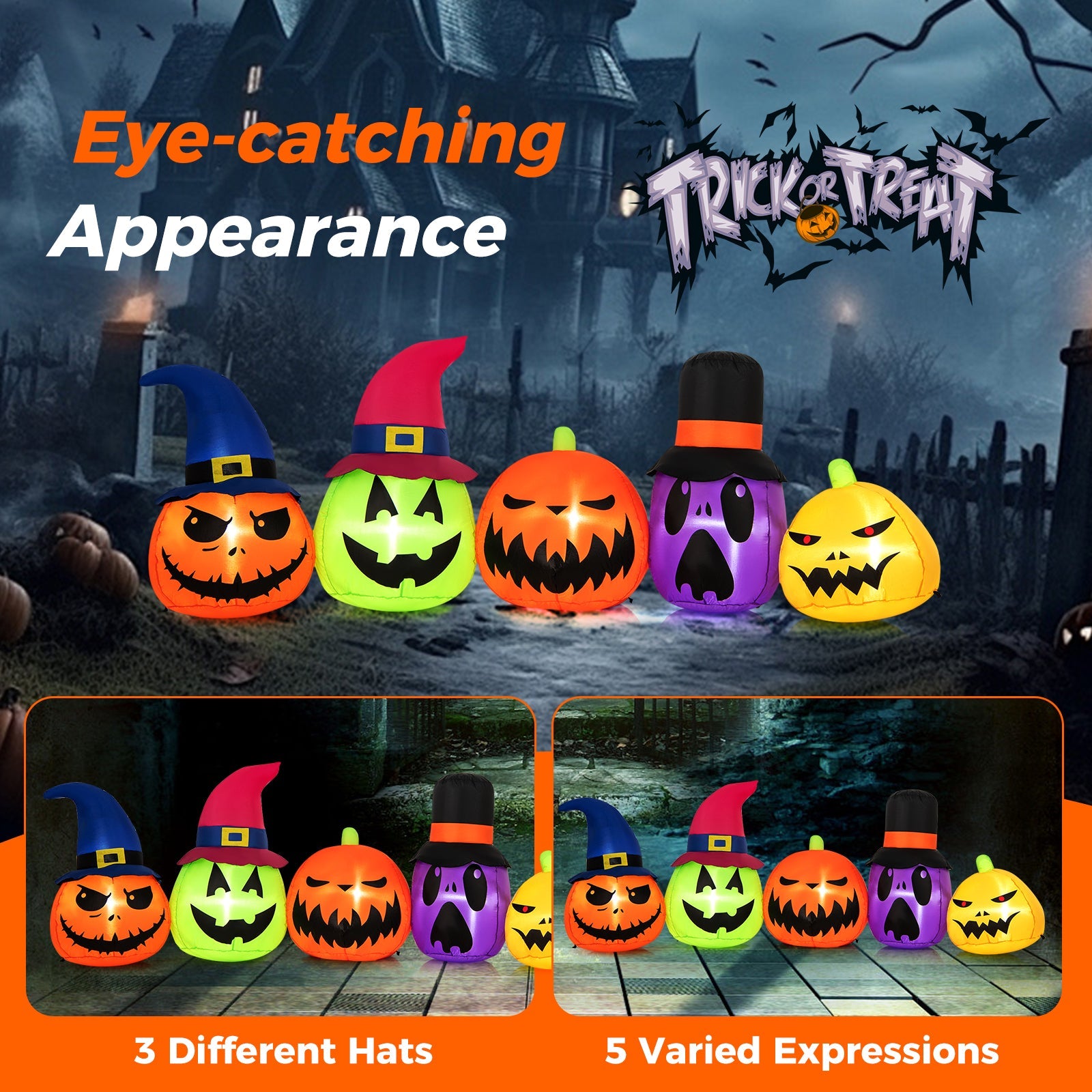 9 Feet Inflatable Pumpkin Patch Family with Built-in LED Lights and Witch Hats