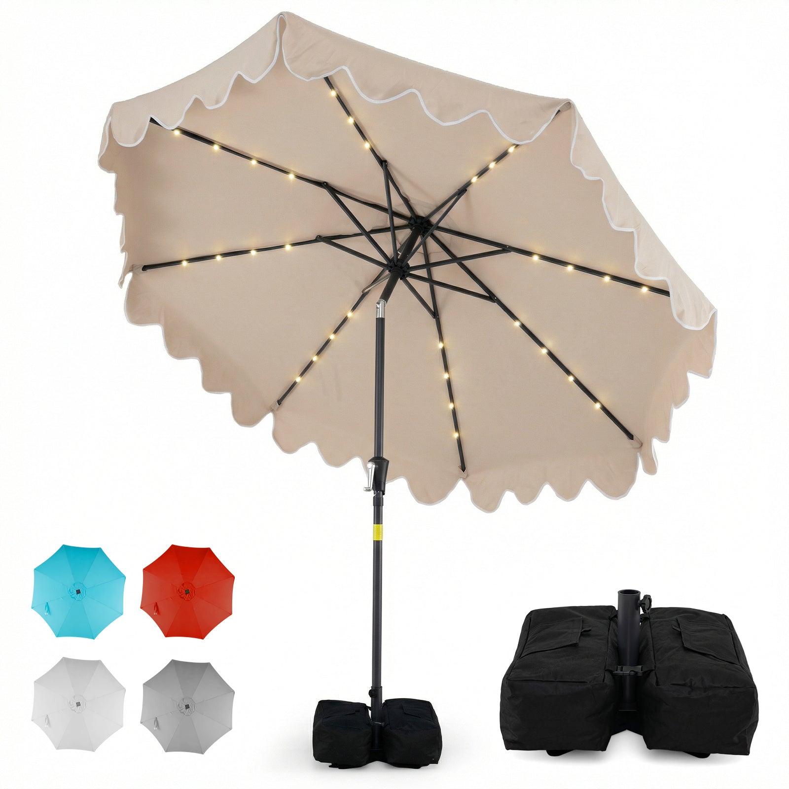 9 FT Outdoor Patio Umbrella with Solar LED Lights and Weighted Base