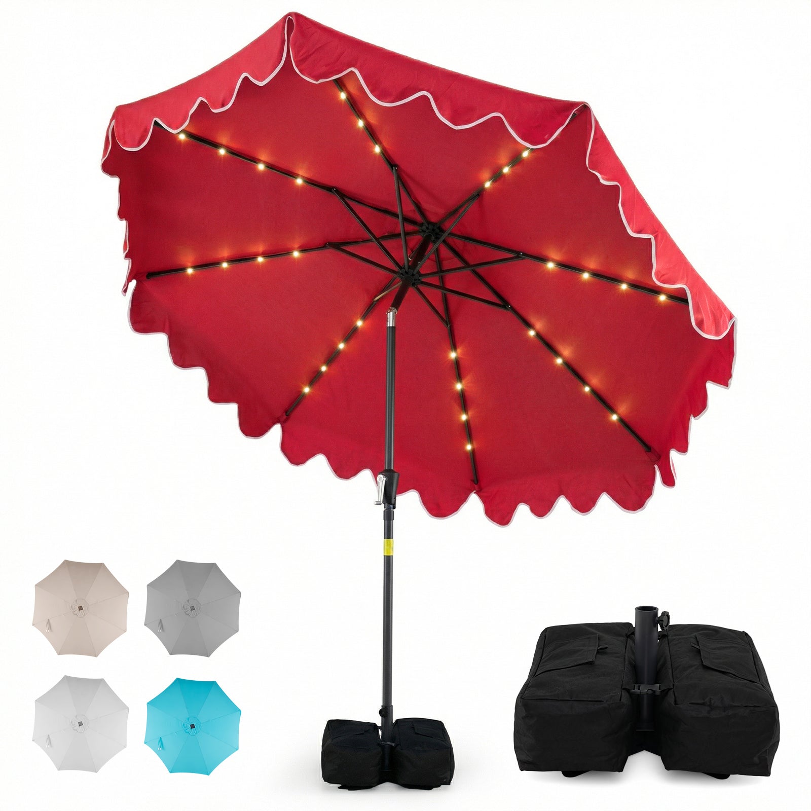 9 FT Outdoor Patio Umbrella with Solar LED Lights and Weighted Base