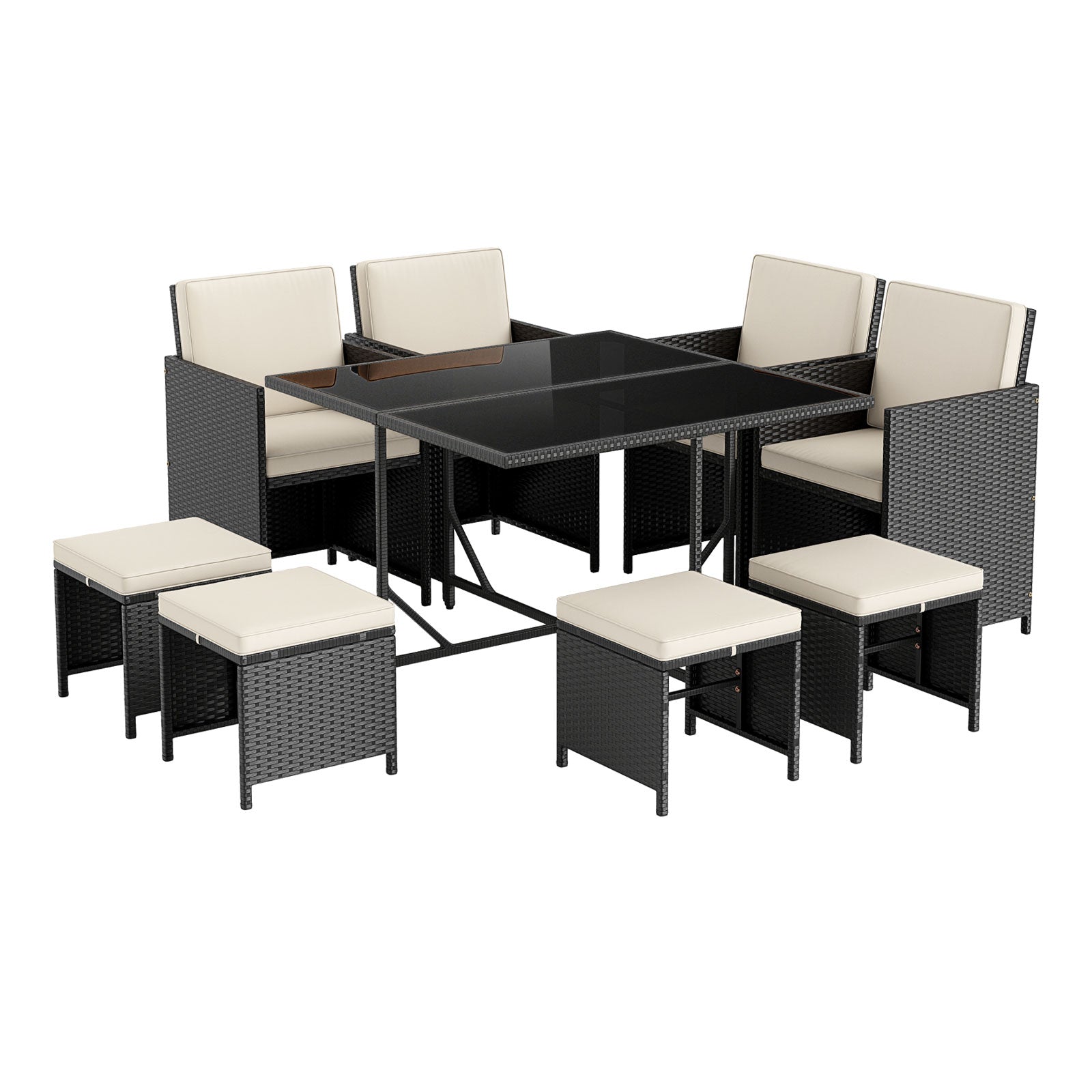 9 Piece Patio Dining Set with Tempered Glass Table and Ottoman