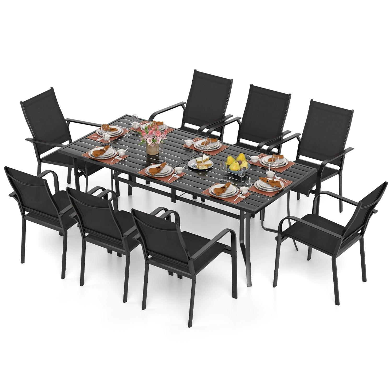 9 Pieces Patio Dining Set for 8 Outdoor Rectangular Table and Stackable Chairs