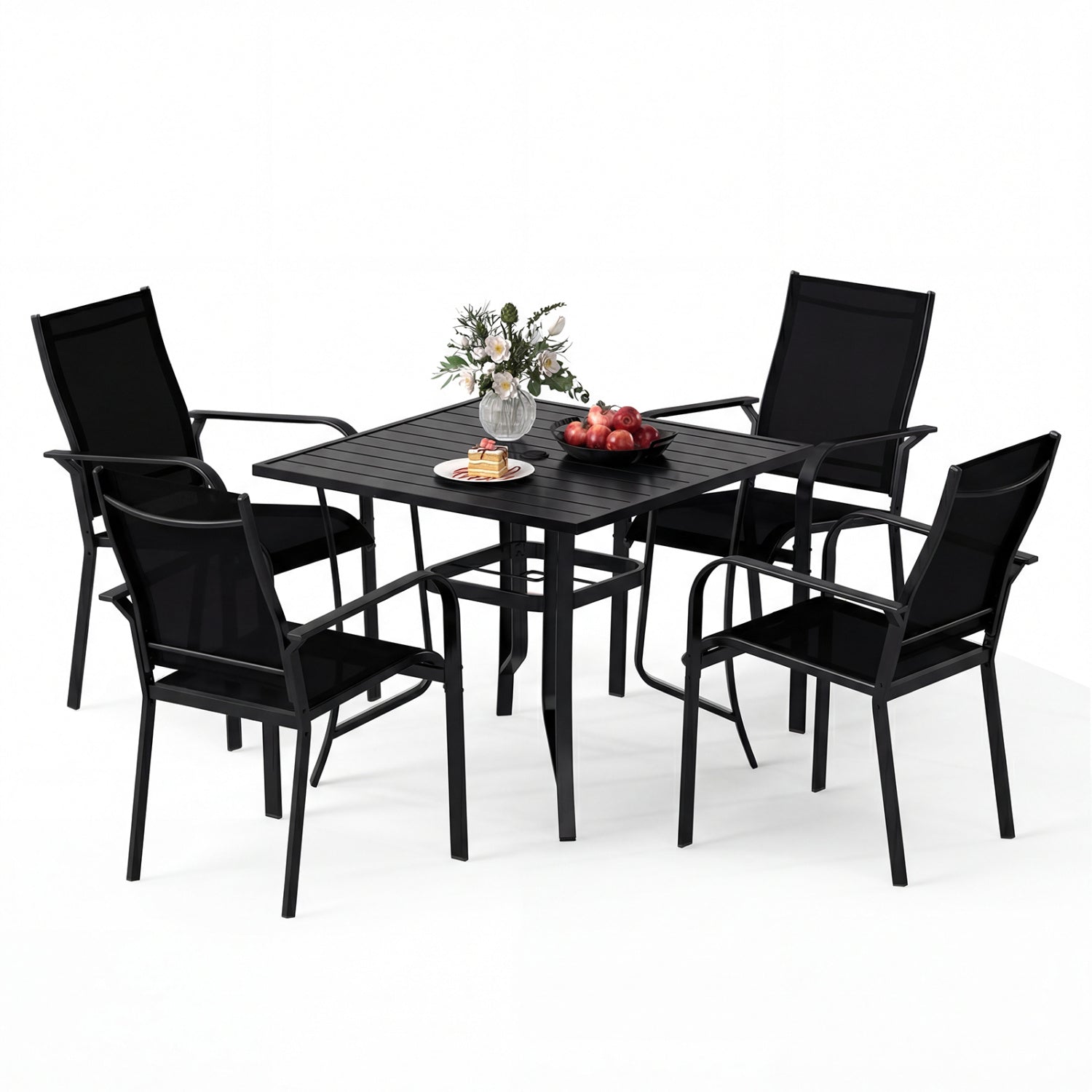 5 Pieces Patio Dining Set for 4 Outdoor Square Table and Stackable Chairs
