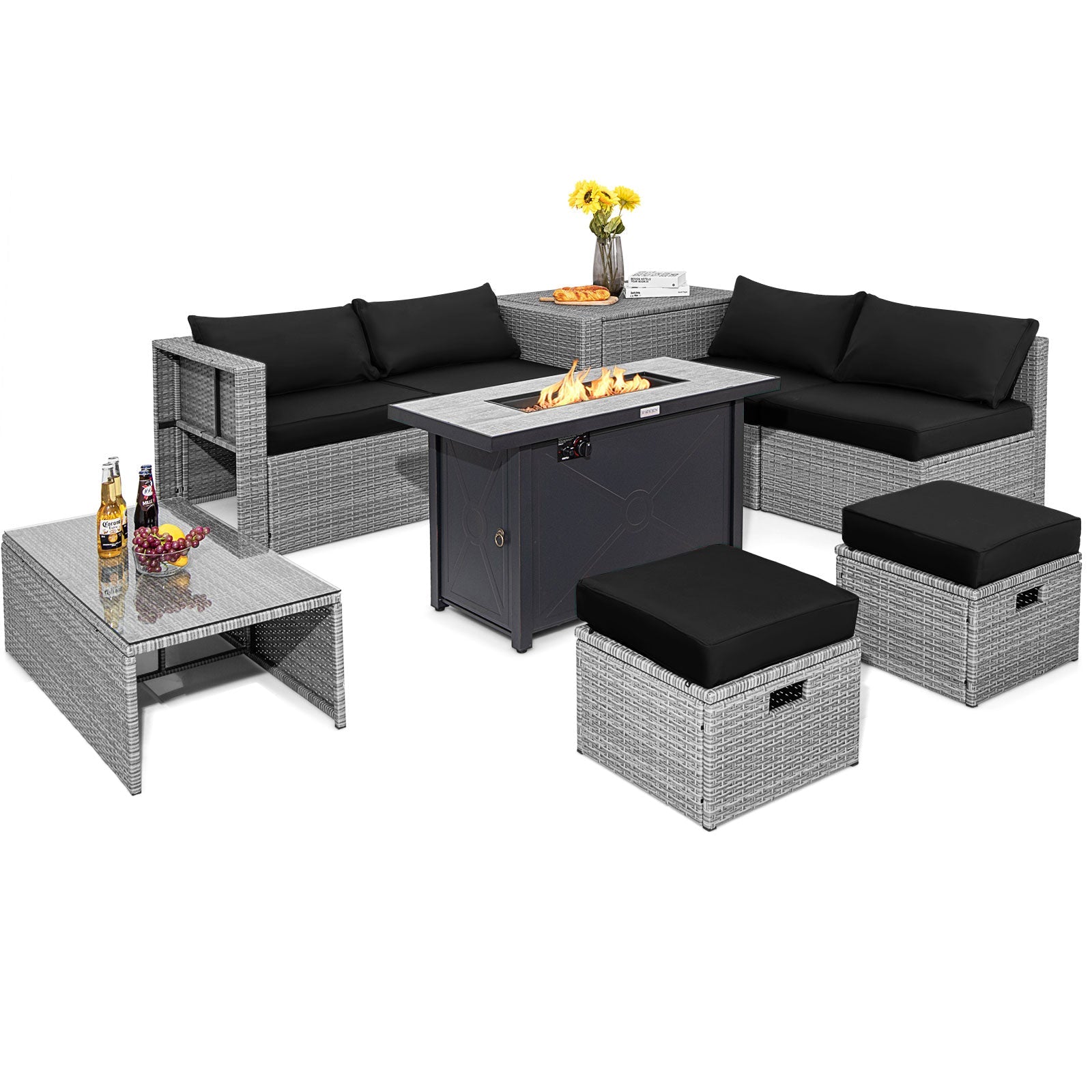 9 Pieces Patio Furniture Set with 42 Inches 60000 BTU Fire Pit
