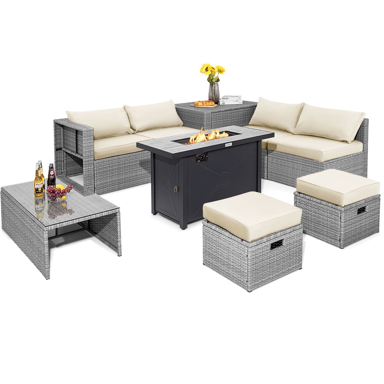 9 Pieces Patio Furniture Set with 42 Inches 60000 BTU Fire Pit