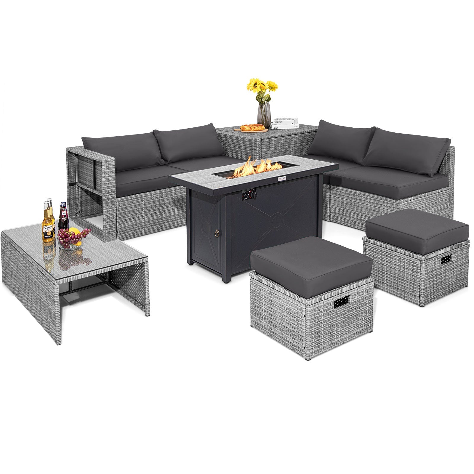 9 Pieces Patio Furniture Set with 42 Inches 60000 BTU Fire Pit