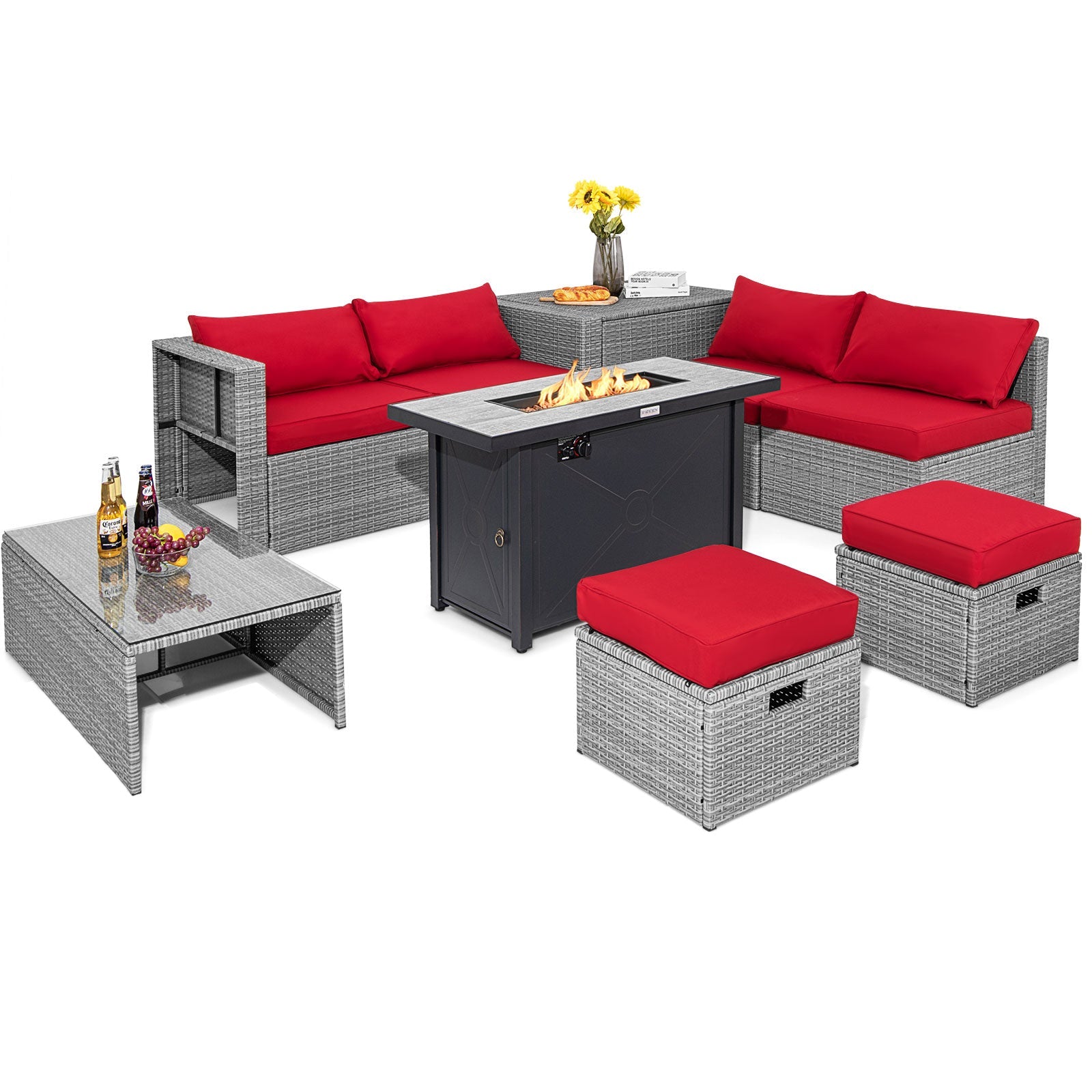 9 Pieces Patio Furniture Set with 42 Inches 60000 BTU Fire Pit