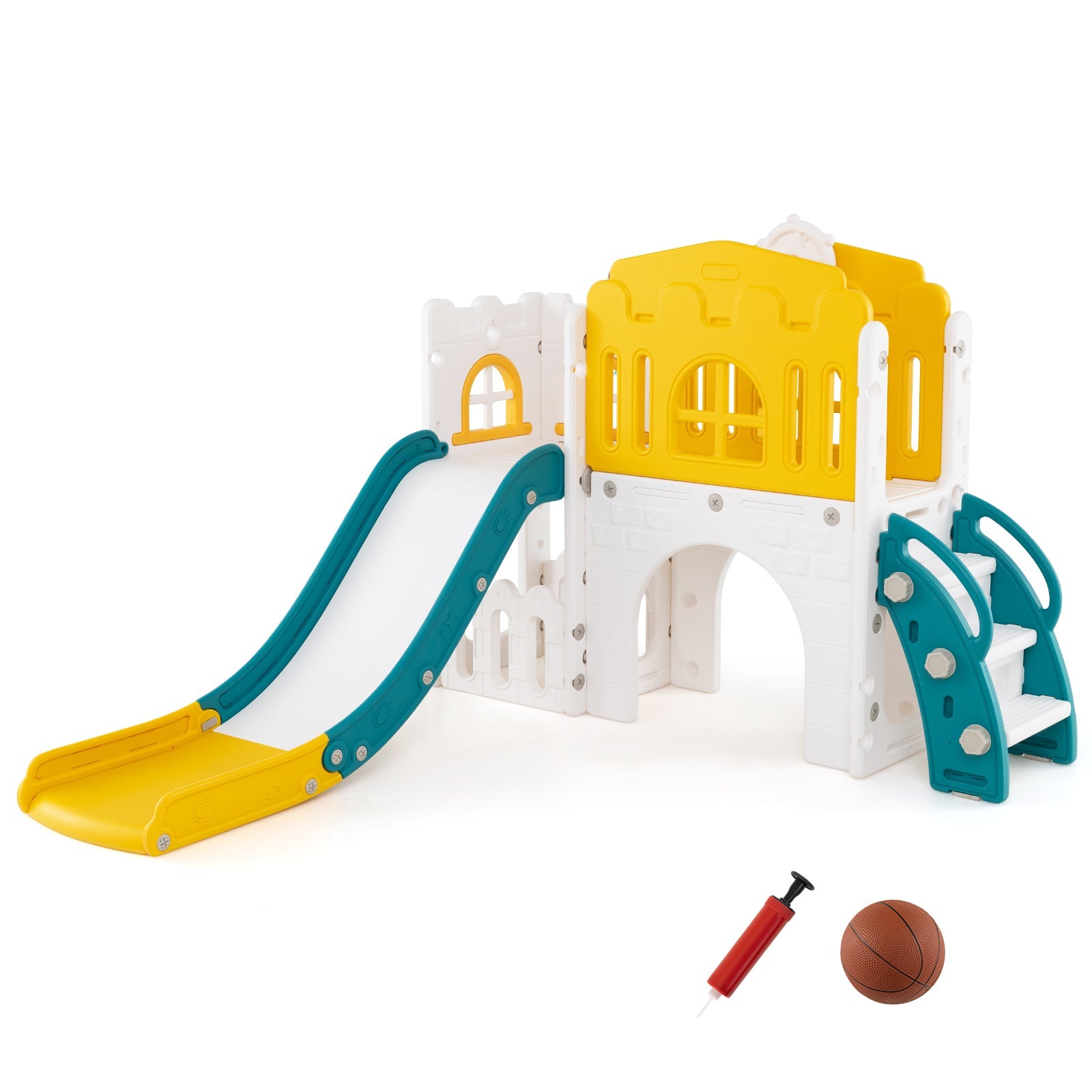 9-in-1 Toddler Slide L-Shaped with Basketball Hoop and Steering Wheel