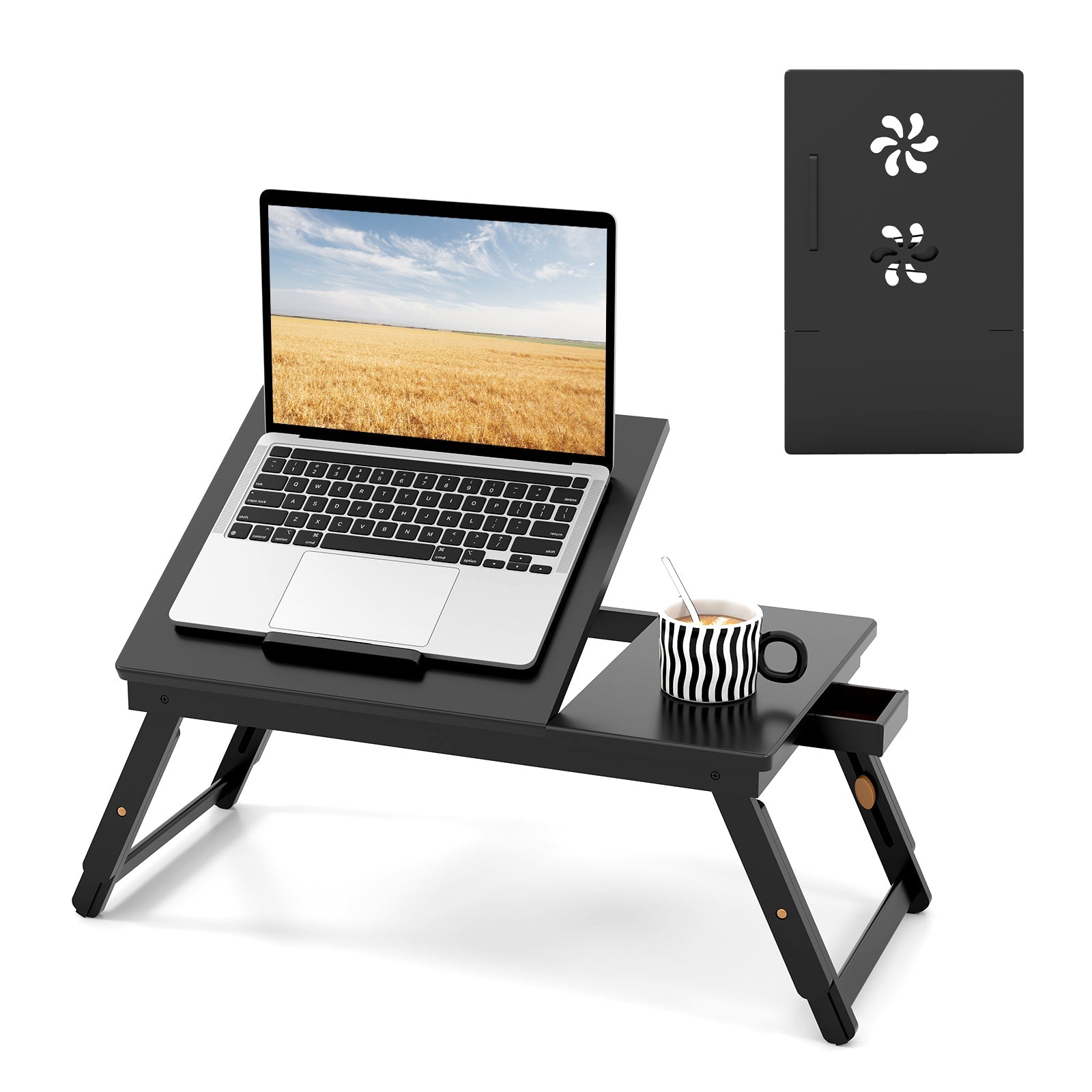 Bamboo Laptop Lap Tray with Adjustable Legs and Tilting Heat-dissipation Top