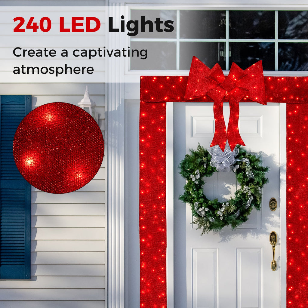 Lighted Christmas Tinsel Doorway Arch with Removable Bow for Roof Door Fireplace