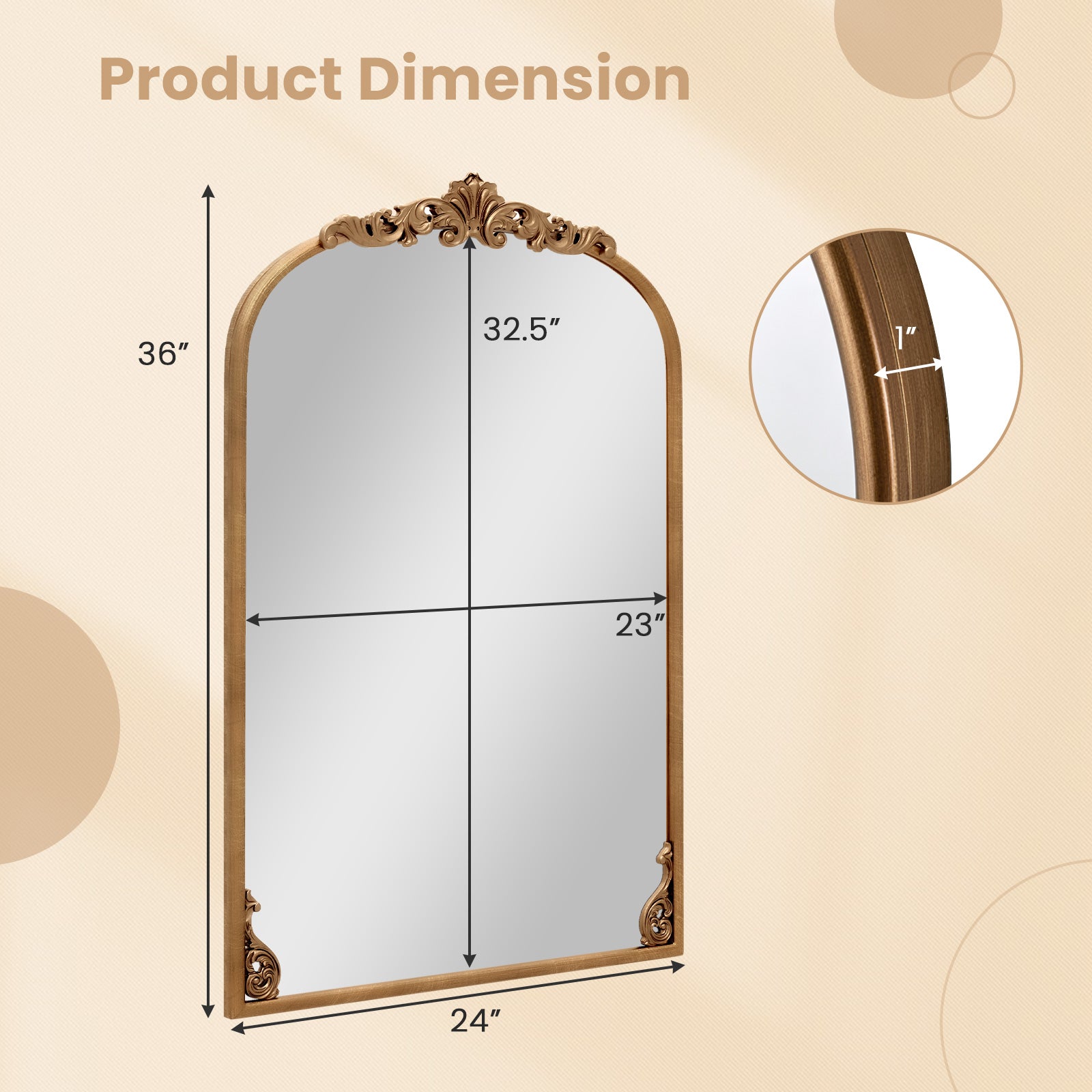 Arched Mirror for Wall Gold Traditional Vintage Ornate Baroque Mirror with Metal Frame
