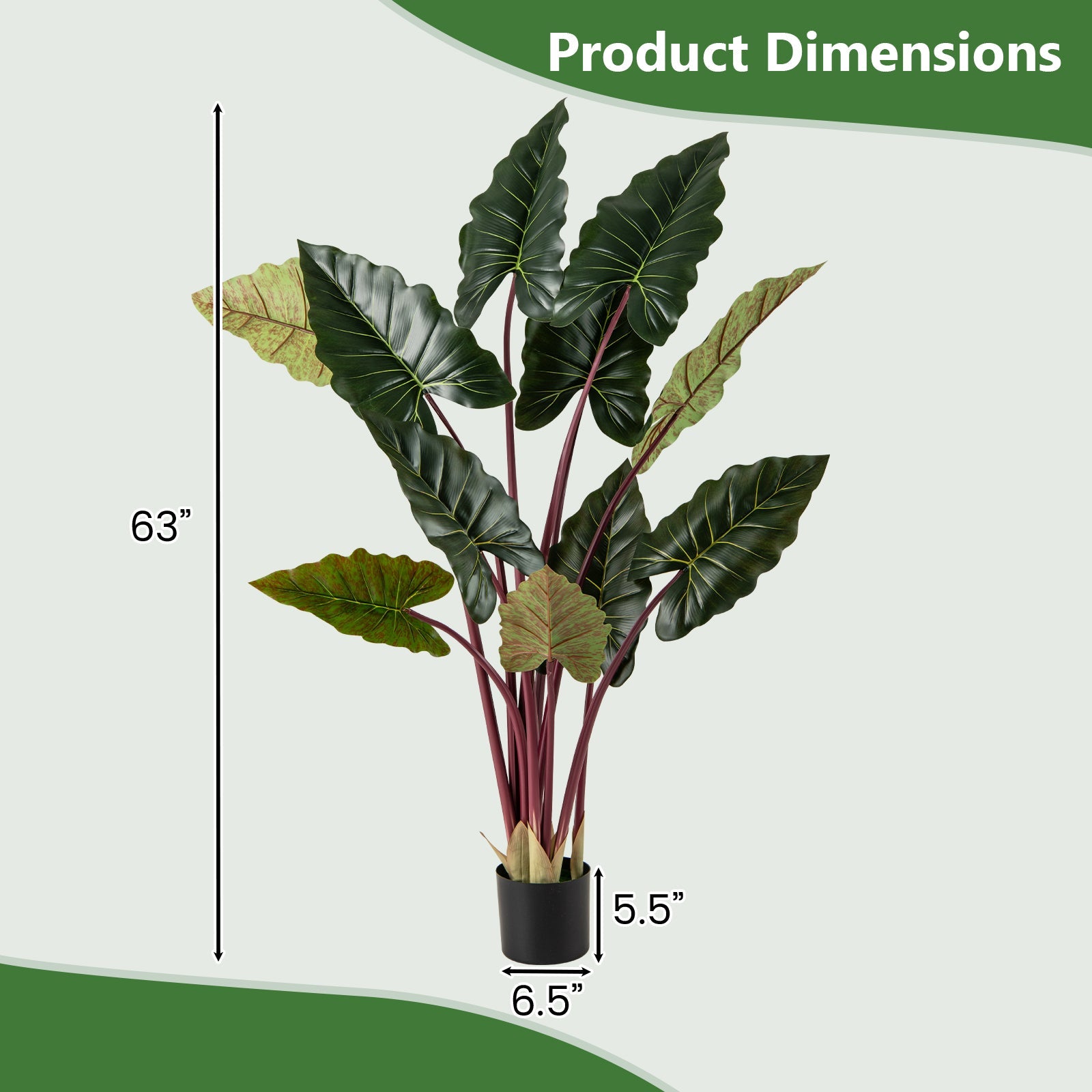 Artificial Rainbow Taro Tree 63" Tall with 11 Faux Leaves