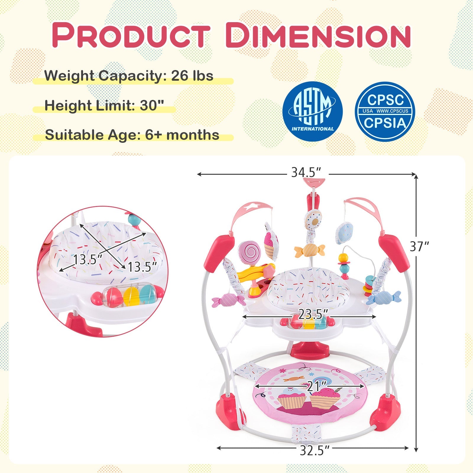 Baby Activity Center Height Adjustable Baby Bouncing Saucer with Interactive Toys