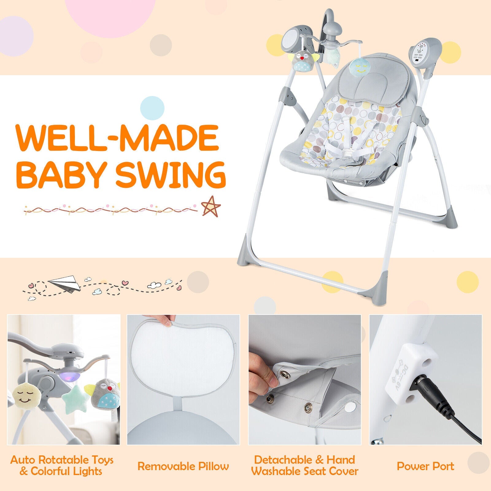 Electric Foldable Baby Rocking Chair with Adjustable Backrest