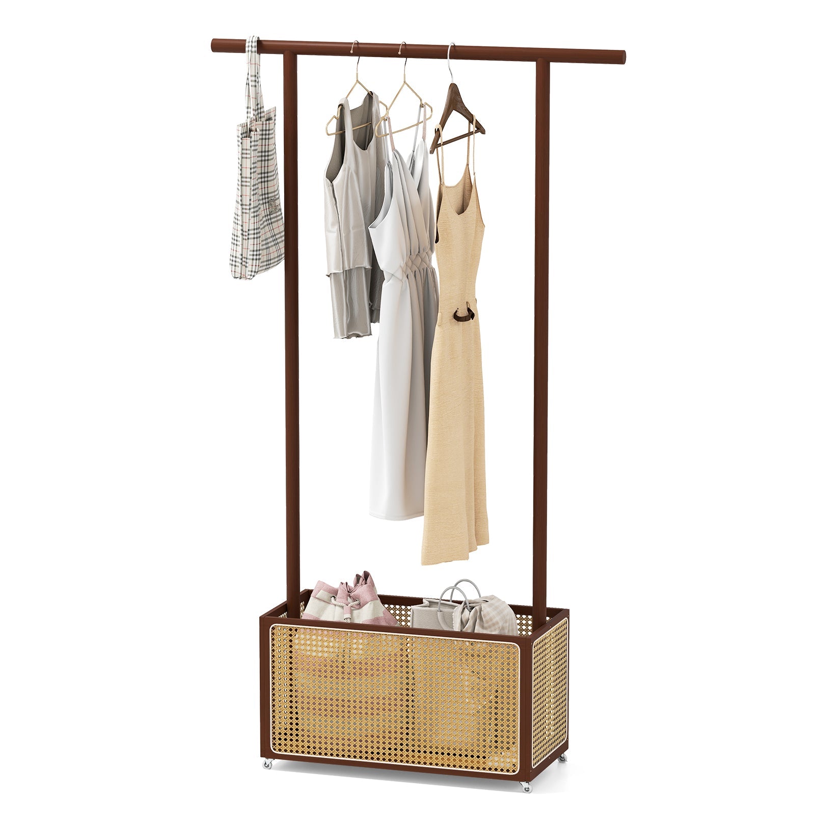 Bamboo Clothes Rack with Rattan Storage Basket and Wheels