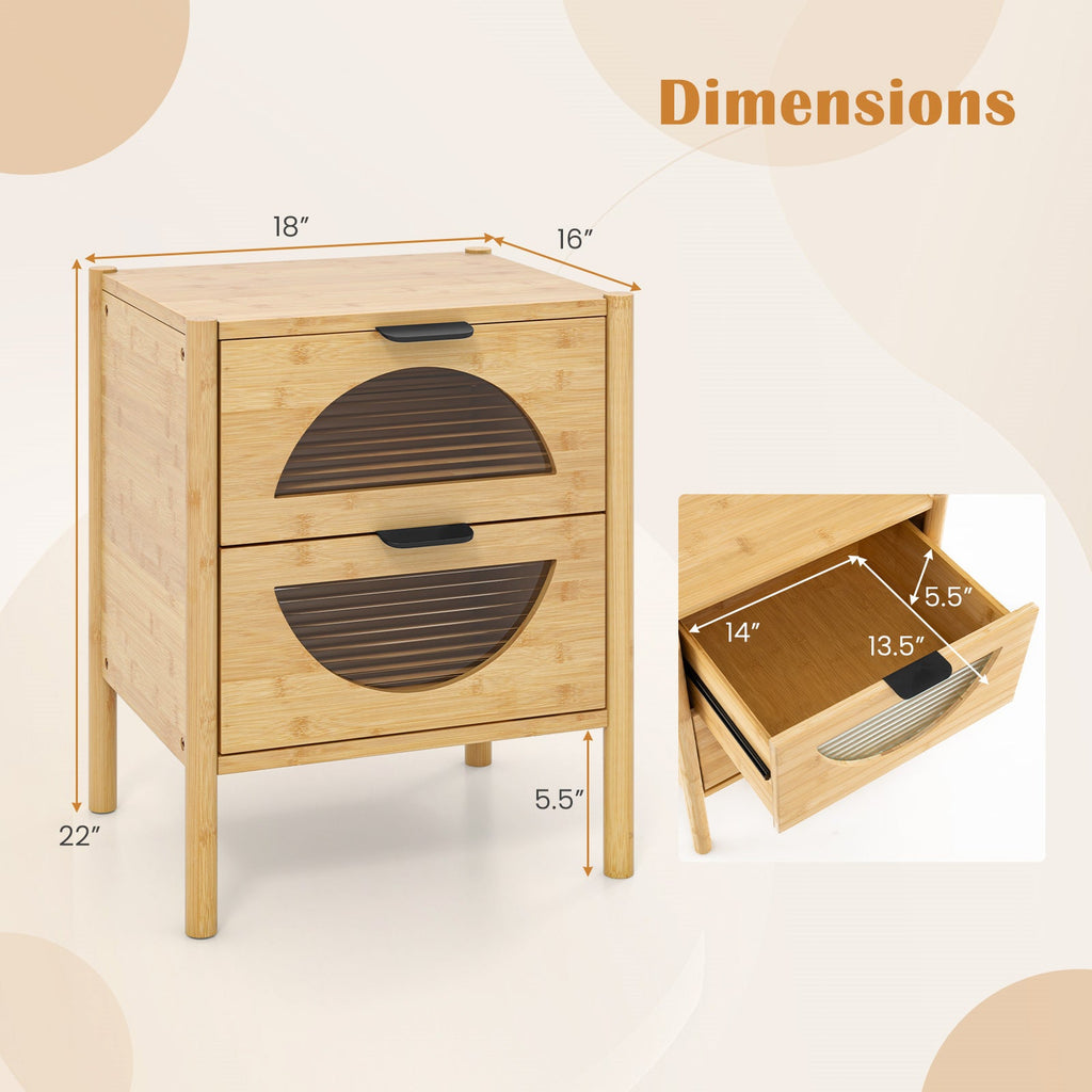 Bamboo Nightstand with 2 Storage Drawers and Reeded Tempered Glass Fronts-Natural