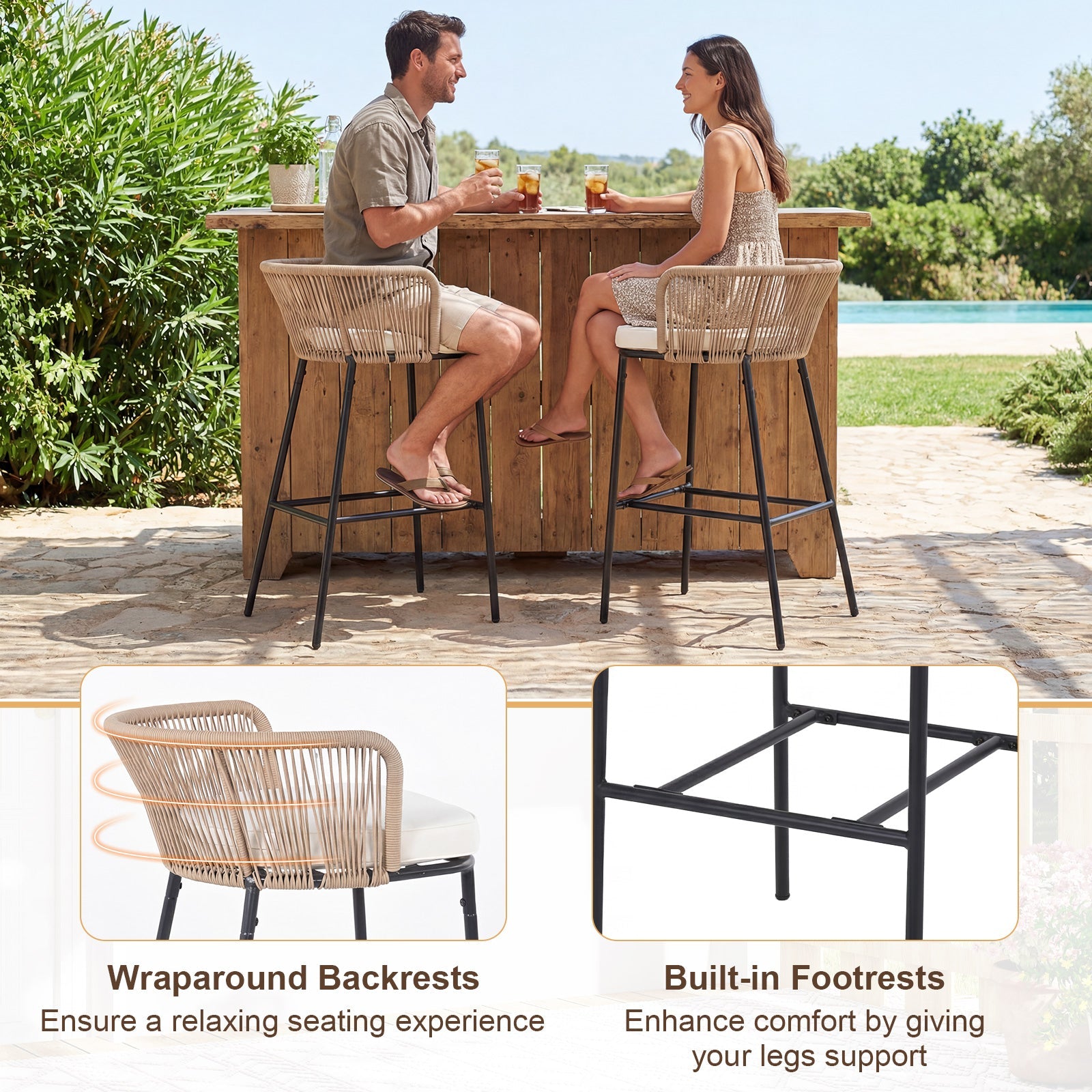 Bar Height Woven Rope Patio Chairs Set of 2-White