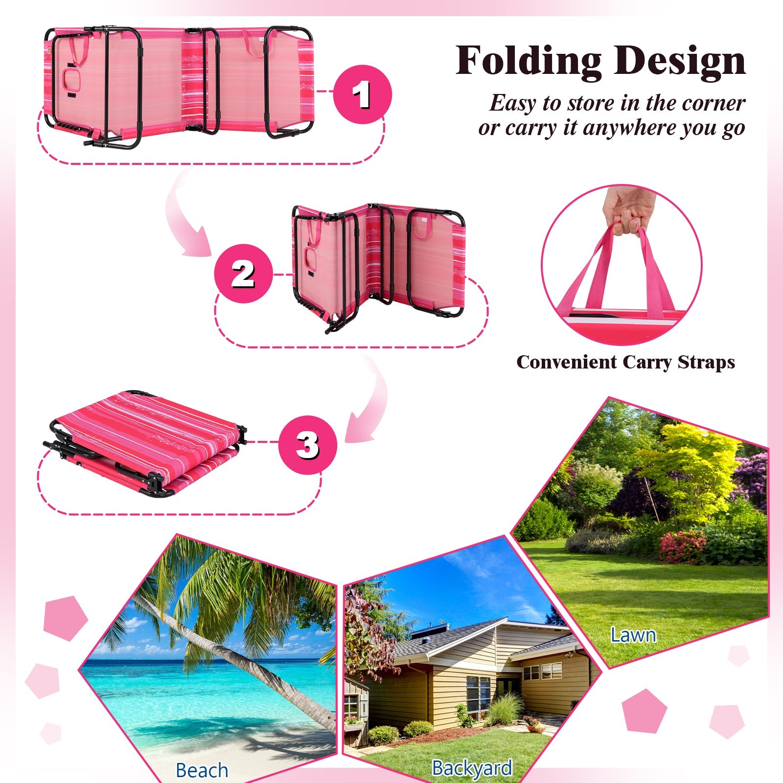 Beach Chaise Lounge Chair with Face Hole and Removable Pillow-Hot Pink
