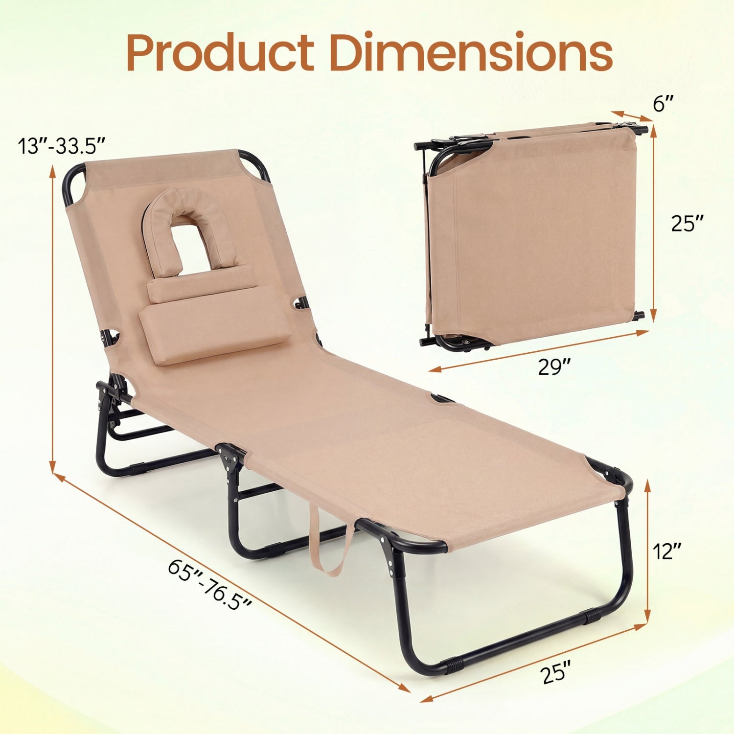 Beach Chaise Lounge Chair with Face Hole and Removable Pillow