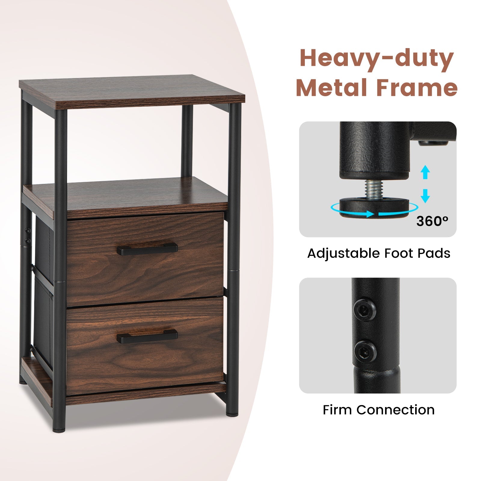 Bedside Table Set of 2 with Removable Fabric Drawers and Metal Frame-Walnut