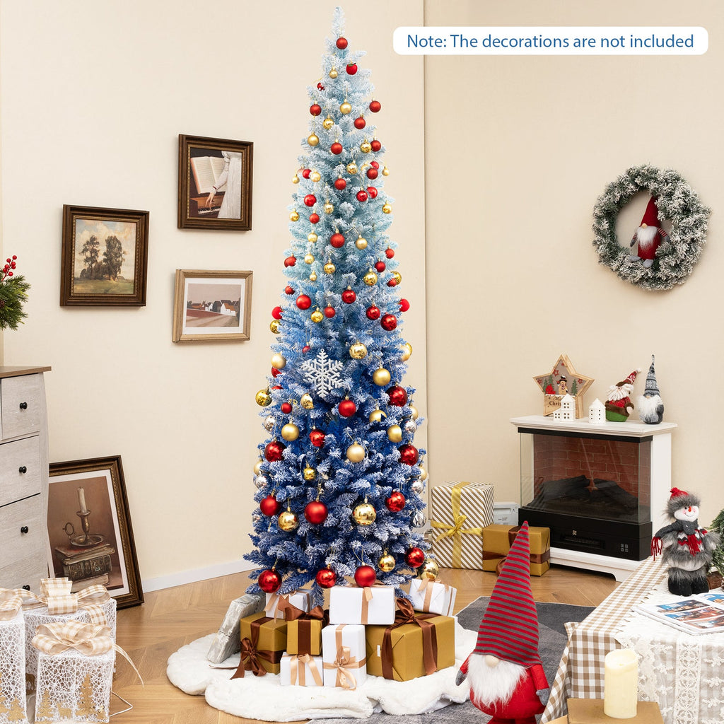 7 Feet Blue Gradient Snow Flocked Artificial Christmas Tree-Blue