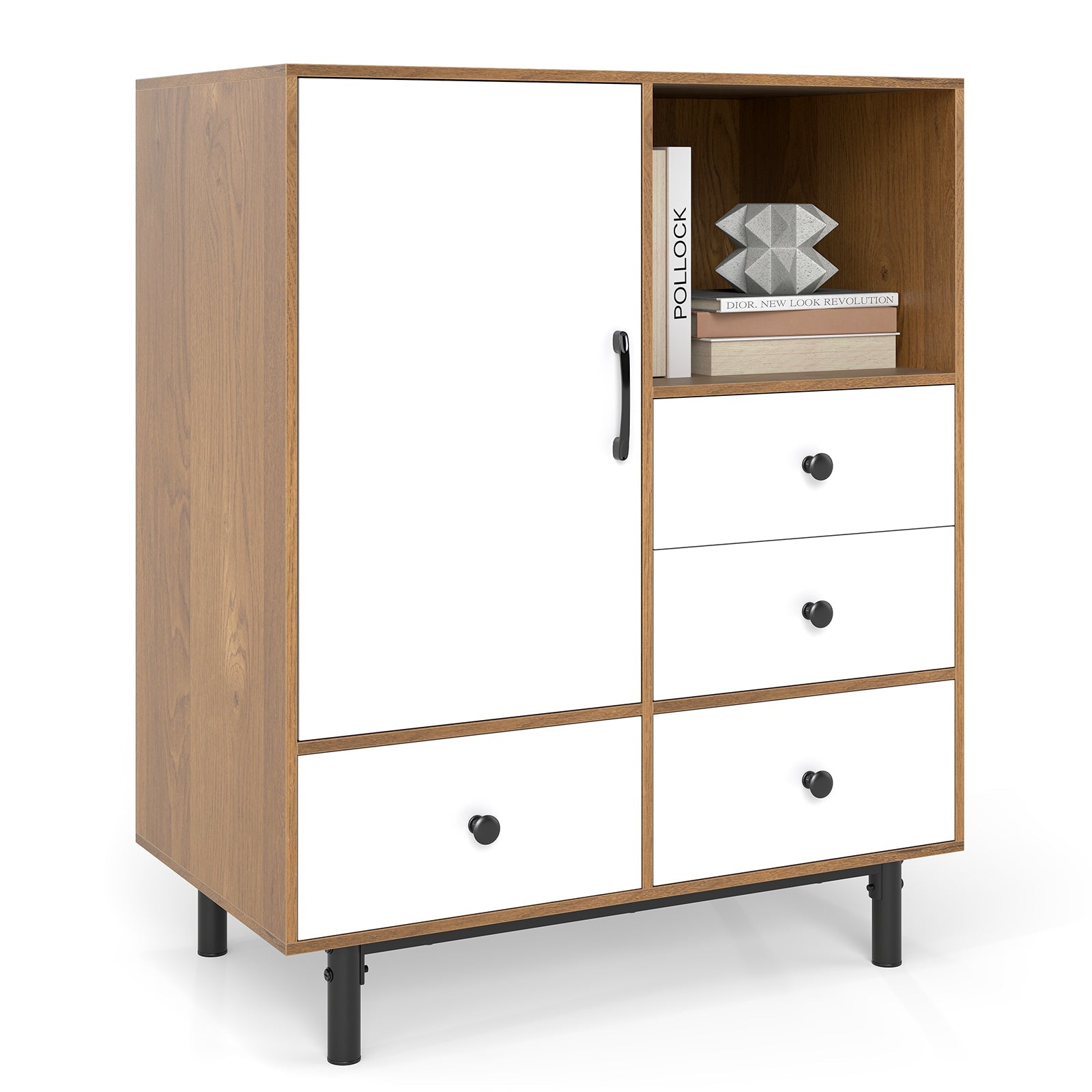 Buffet Sideboard Mid Century Modern Storage Cabinet with 4 Drawers and Open Compartment