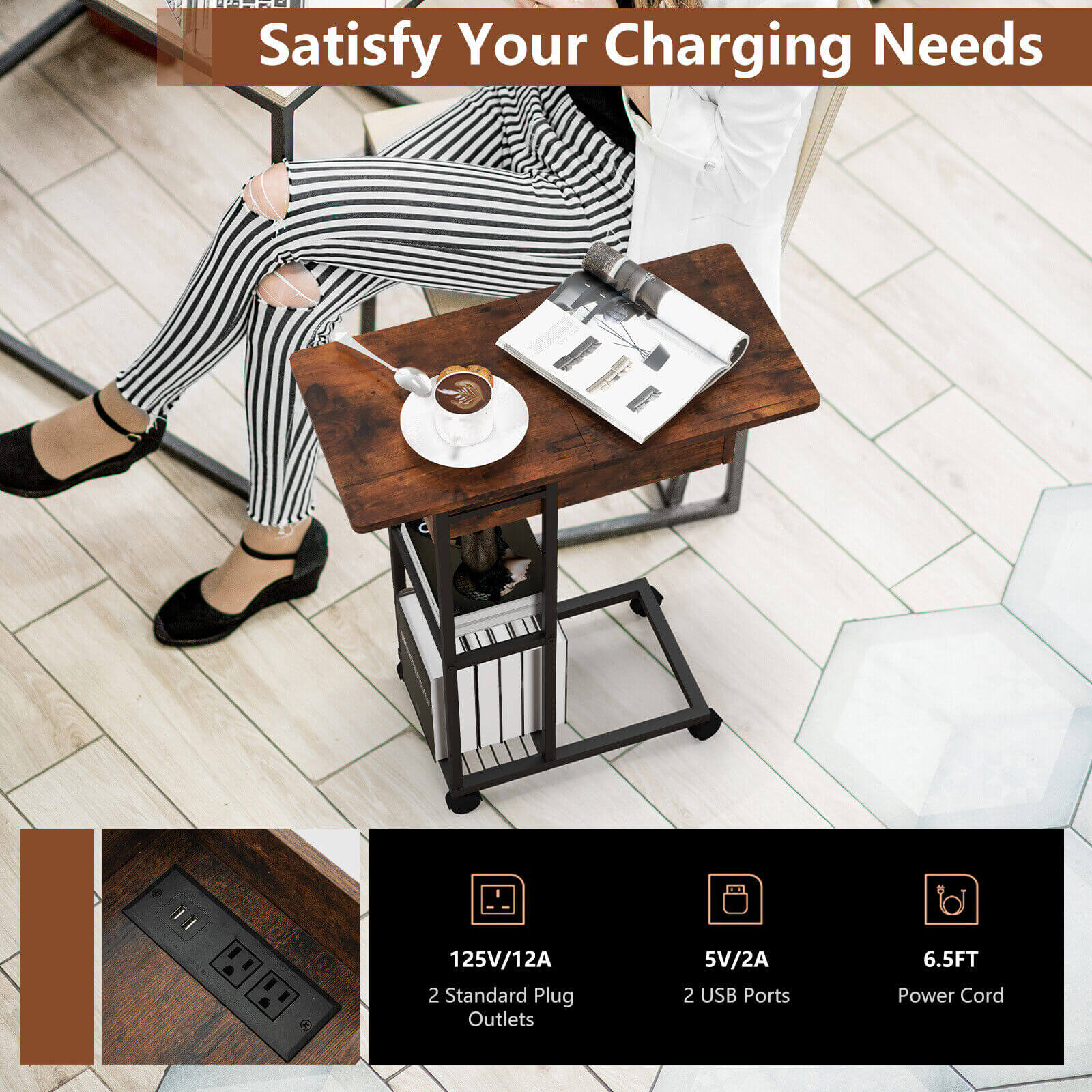 C-Shaped End Side Table with Charging Station and Wheels-Rustic Brown