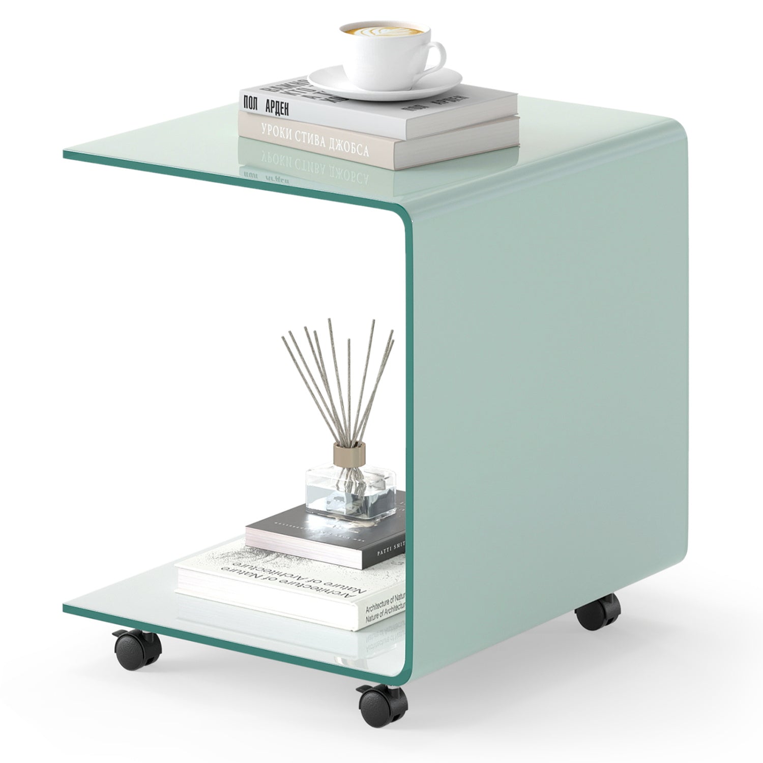 C-Shaped End Table Modern Tempered Glass Side Table with Shelf