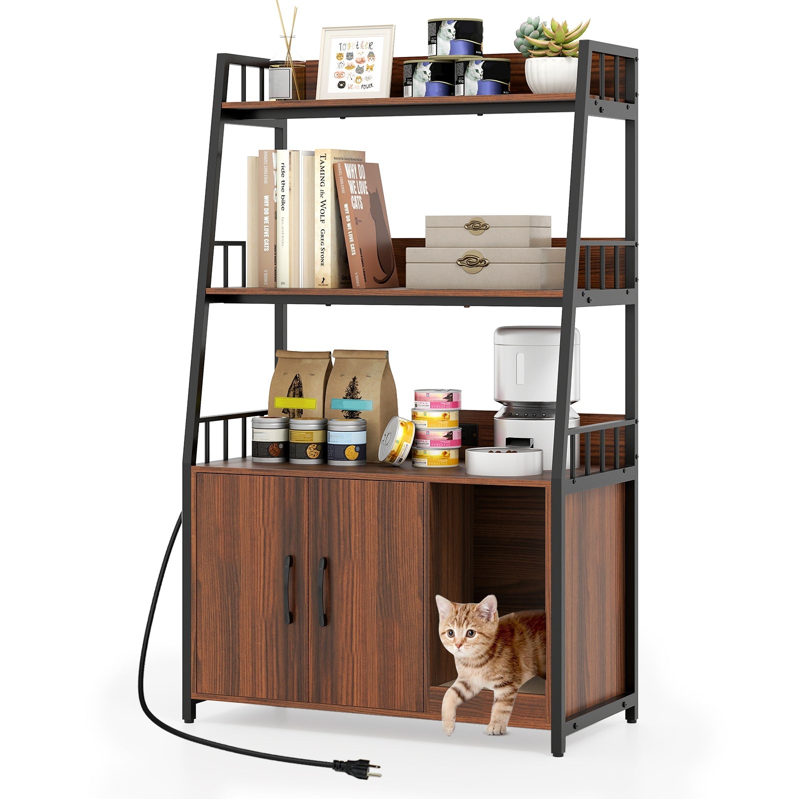 Cat Litter Box Enclosure with Storage Shelves and Scratching Pad